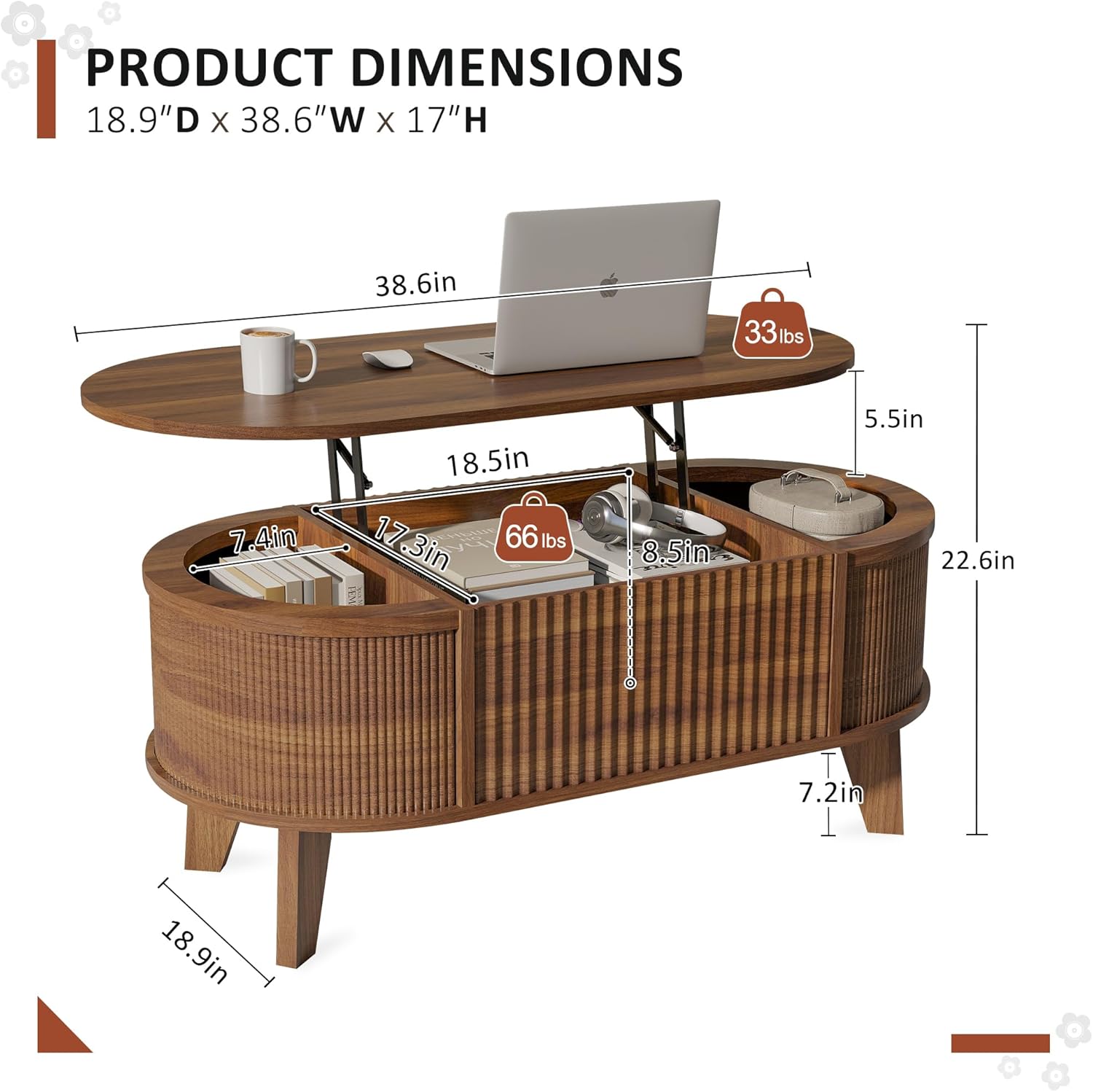 LYNCOHOME Fluted Lift Top Coffee Table with Storage,Modern Oval Coffee Table for Living Room or Home OfficeWalnut