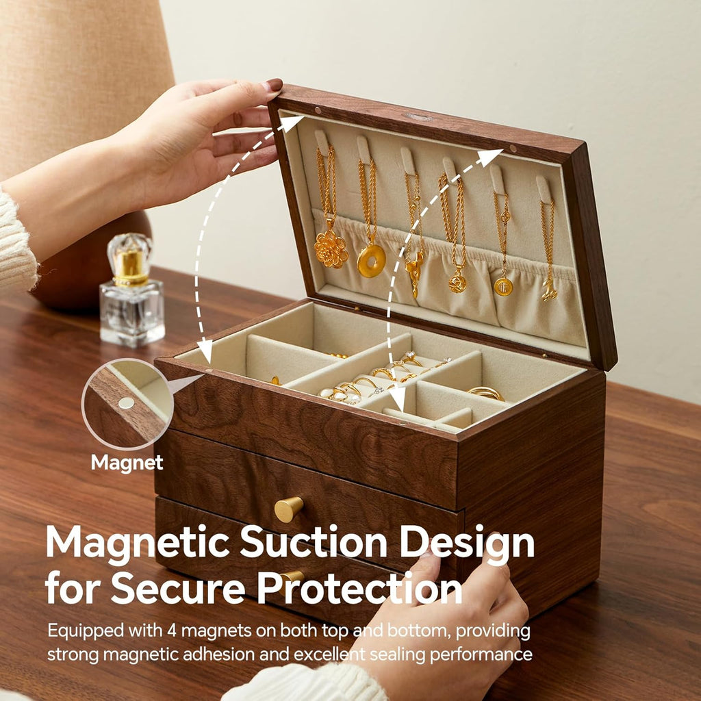 Jewelry Box Organizer for Women & Men, Black Walnut 3 Layer Wooden Jewelry Box with Velvet Lining, Earring & Ring Organizer, Large Capacity Drawer Design for Necklaces, Bracelets (3 layers)
