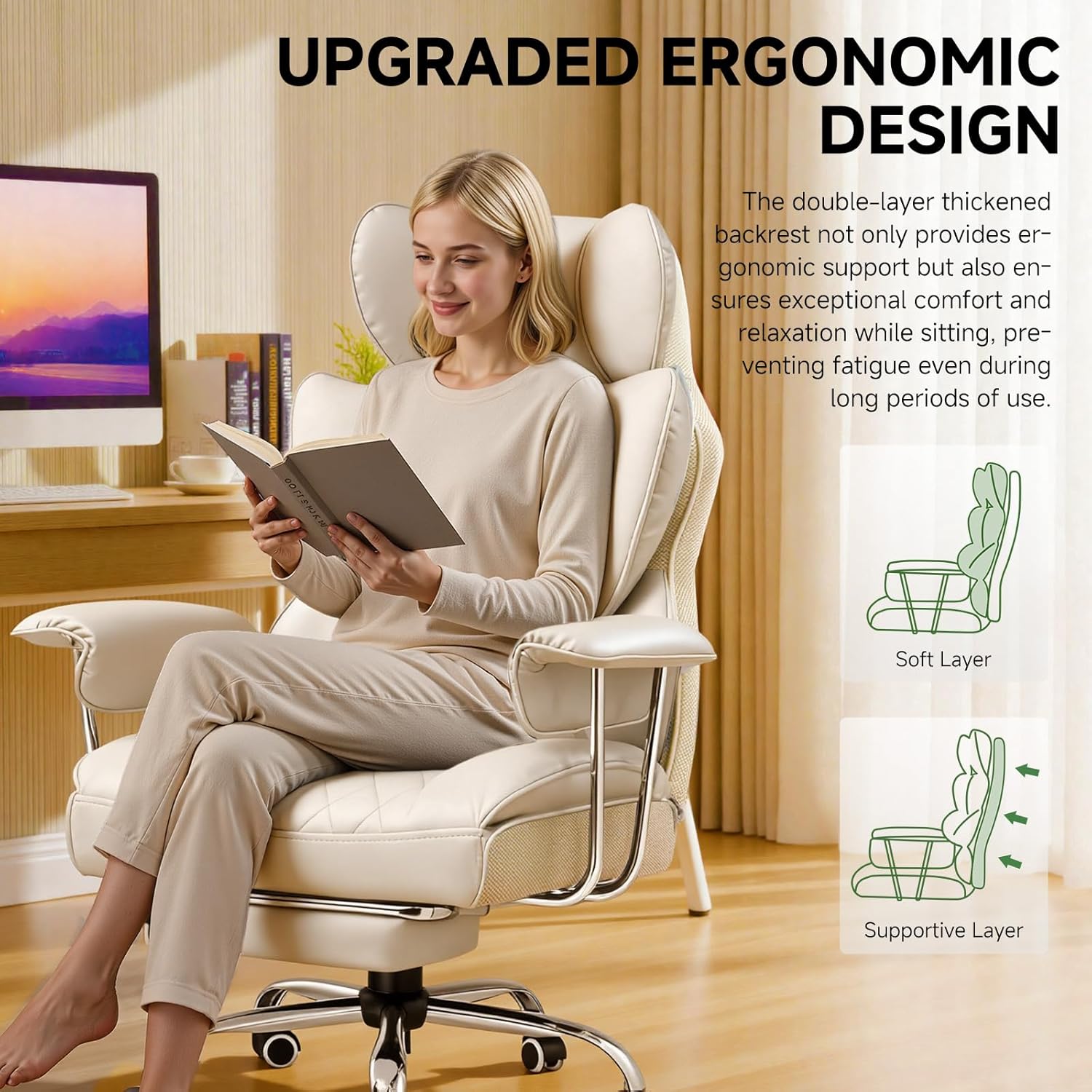 COMHOMA Big and Tall Office Chair, High Back Leather Gaming Chair with Footrest, Executive Ergonomic Office Chairs with Pocket Spring Lumbar Support and with Outward Fixed Soft Armrests