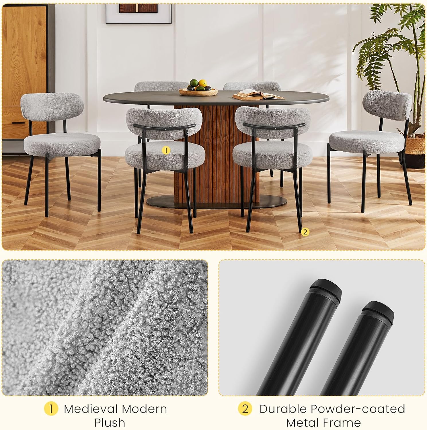 DUMOS Dining Chairs Set of 4, Mid Century Modern Chair Round Upholstered Curved Backrest, Kitchen Vanity Living Room Chairs with Black Metal LegsClassic Grey