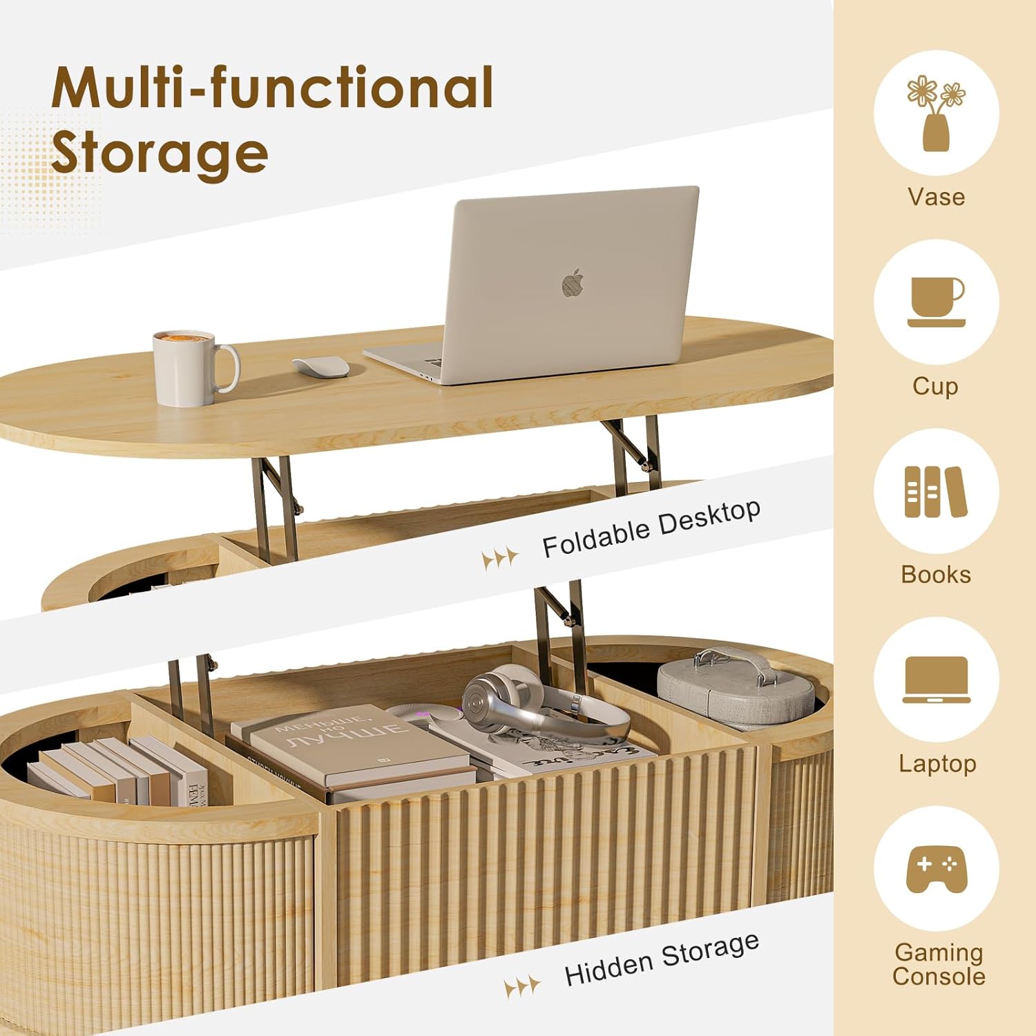 LYNCOHOME Fluted Lift Top Coffee Table with Storage,Modern Oval Coffee Table for Living Room Or Home OfficeNatural