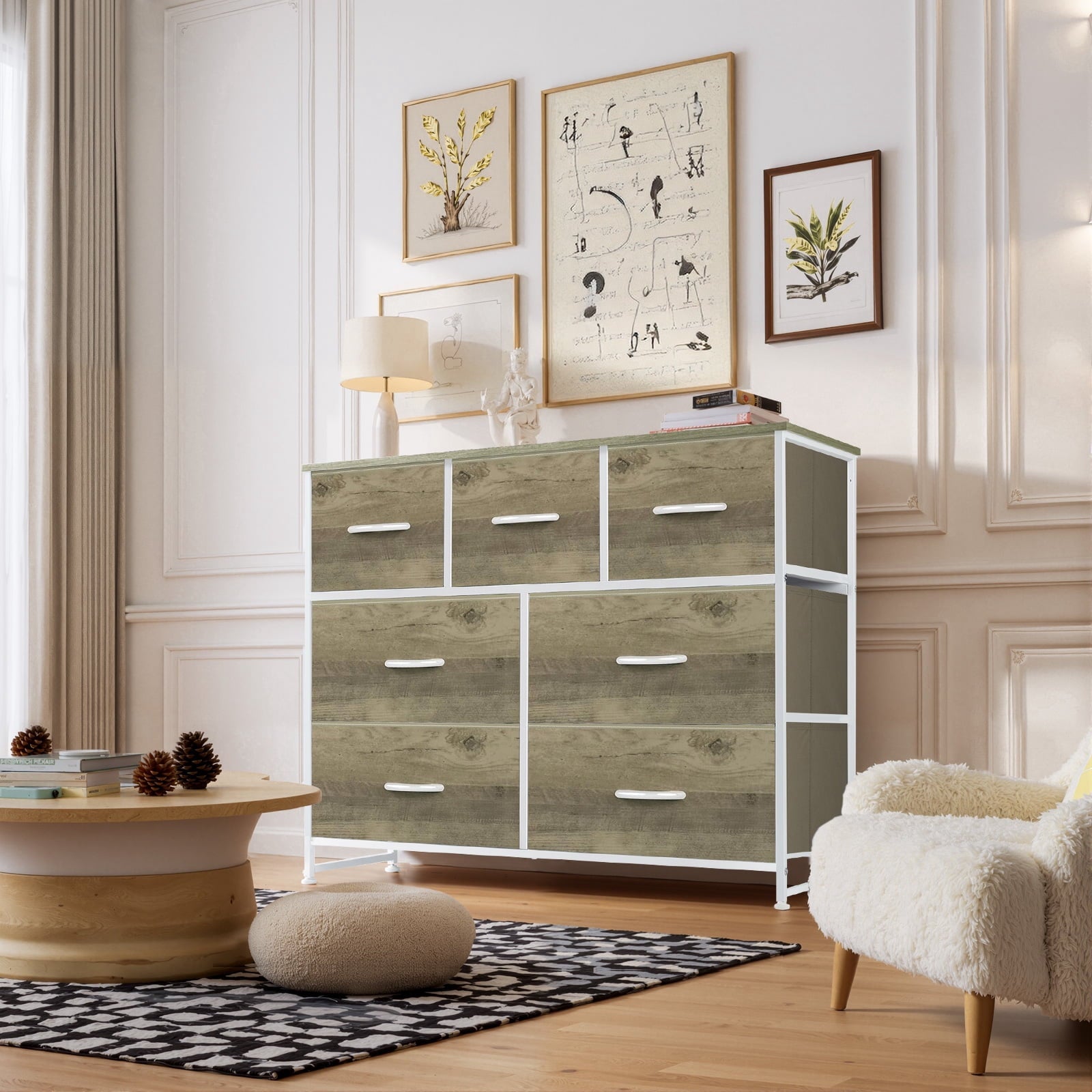 Dresser, Storage Organizer with 7 Drawers for Bedroom, Chest of Drawers with Fabric Bins, Sturdy Metal Frame, Wood Tabletop for Guest Room, Closet, Entryway, Nursery, Black