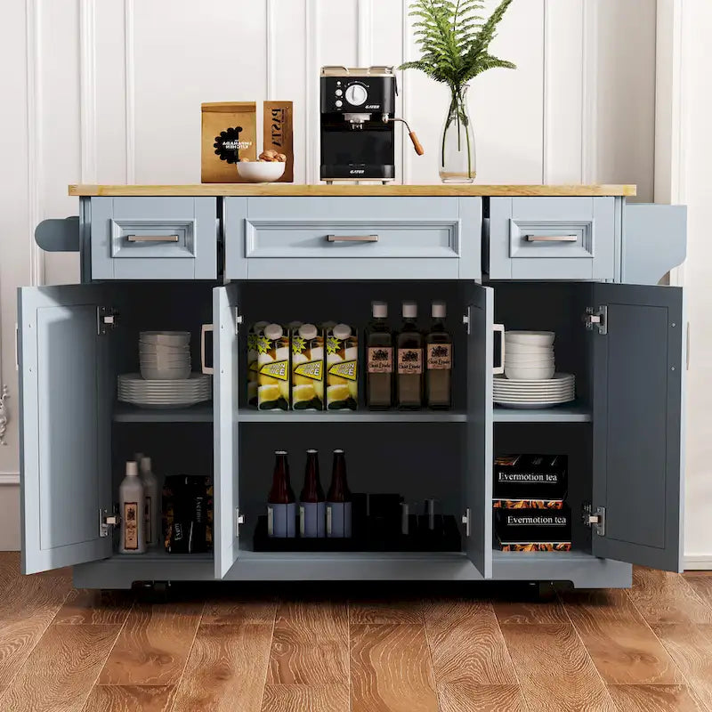 54 Large Kitchen Island with Rubber Wood Drop Leaf, Embossed Texture Rolling Kitchen Cart on 4 Wheels with 4 Doors & 3 Drawers