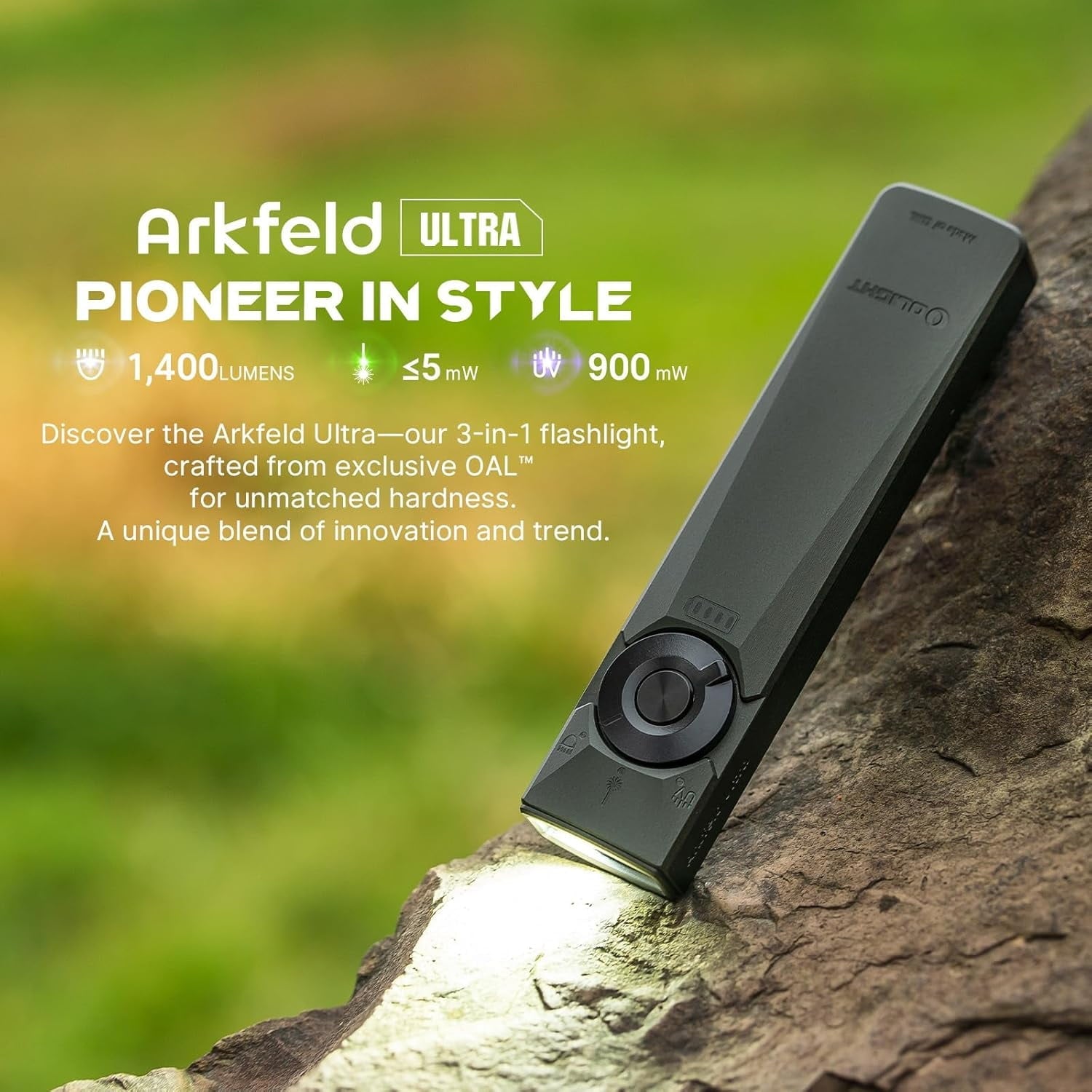 Arkfeld Ultra 1400 Lumens EDC Flat Flashlight, Rechargeable Compact Pocket Flash Light Combines White LED, UV and Green Beam, Triple Sources Perfect for Checking, Working (Olive-Green)