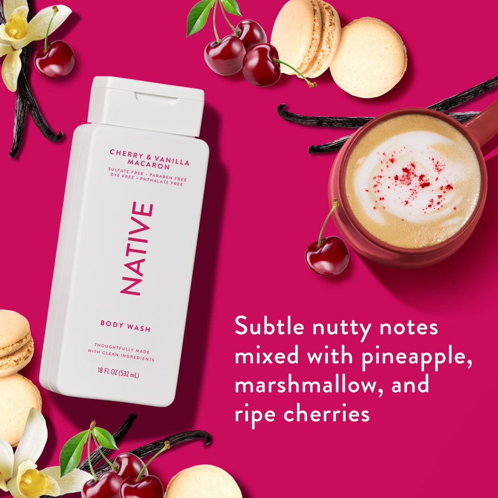 Body Wash, Cherry & Vanilla Macaron, Sulfate Free, Naturally Derived Ingredients, 24hr Freshness, for Women & Men, 18 fl oz