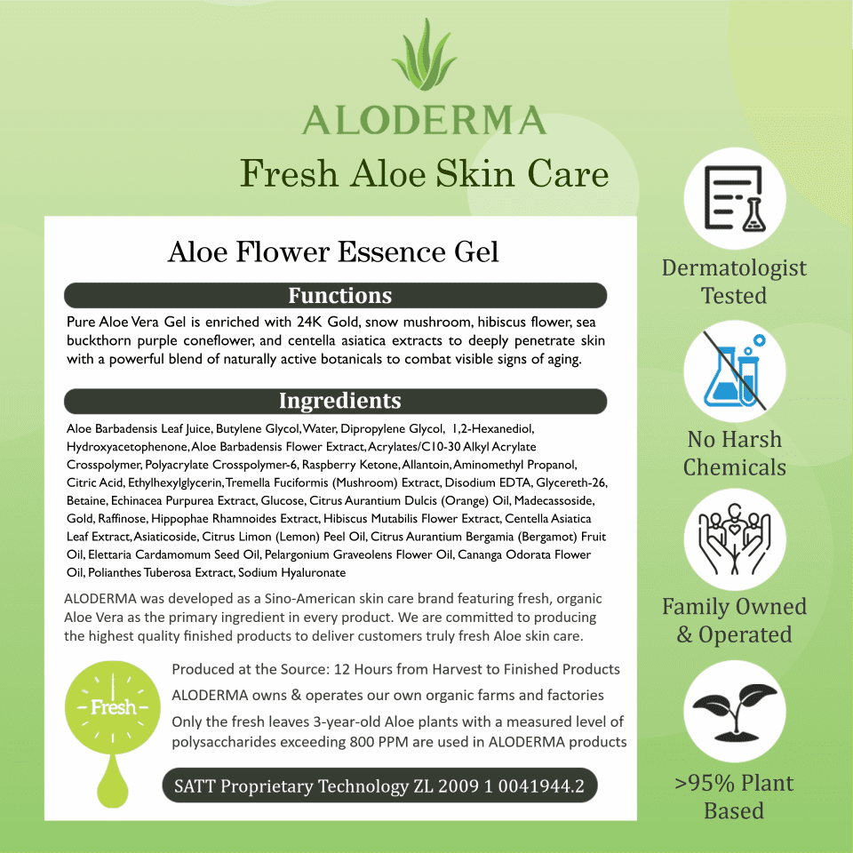 Age-Defying 24K Gold Leaf Aloe Flower Essence Gel, Made within 12 Hours of Harvest - Luxurious Aloe Gel with Allantoin & Hyaluronic Acid for a Glowing, Shimmering, Youthful Complexion, 7oz
