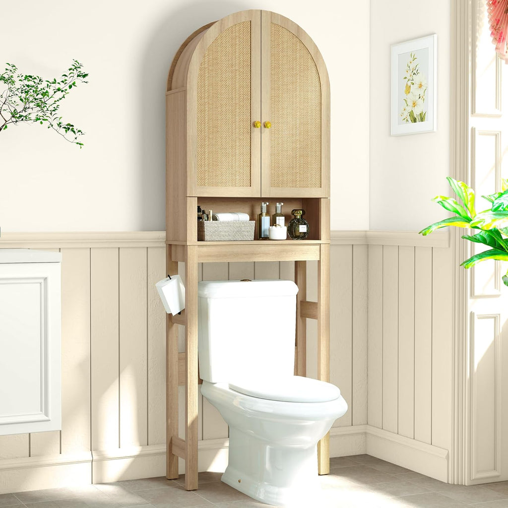 HMstone Over The Toilet Storage Cabinet, Arched Bathroom Organizer and Storage with Rattan Doors and Adjustable Shelf, Space-Saving Freestanding Bathroom Modern Storage Cabinet Over Toilet (Natural)
