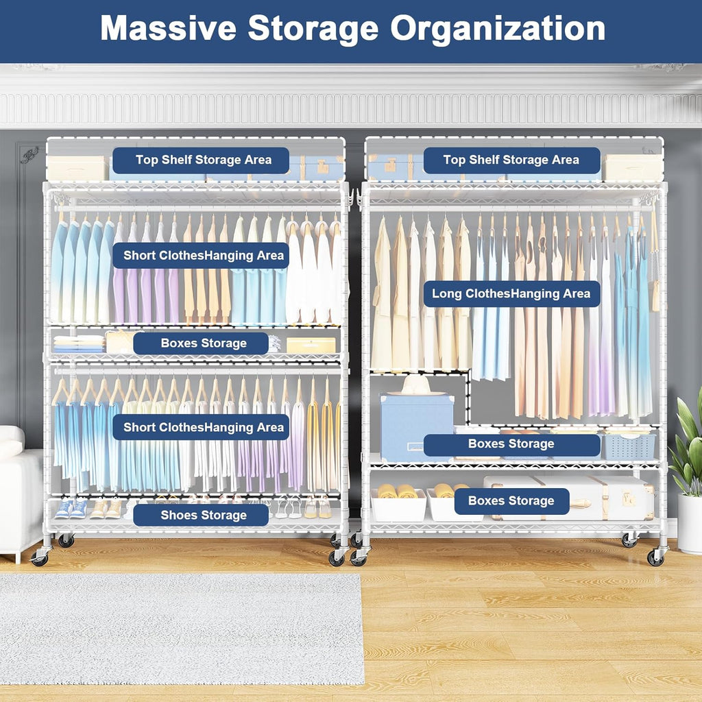 ULIFHOME P8C Max Heavy Duty Clothes RackWith Extended Width Design Rolling Clothing Racks for Hanging Clothes with Lockable Wheels51.2"W x 15.8"D x 80.5"HLoad 700LBSWhite Rack with White Cover
