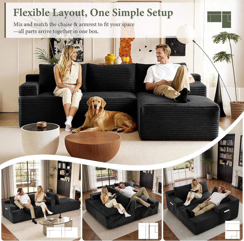 Sectional Couches for Living Room Cloud Couch Sofa with L-Shape Upholstered Boneless Couchs Modern Modular Sectional Couch with Chaise (Black, 96" W+Right Facing Chaise+2Seaters)