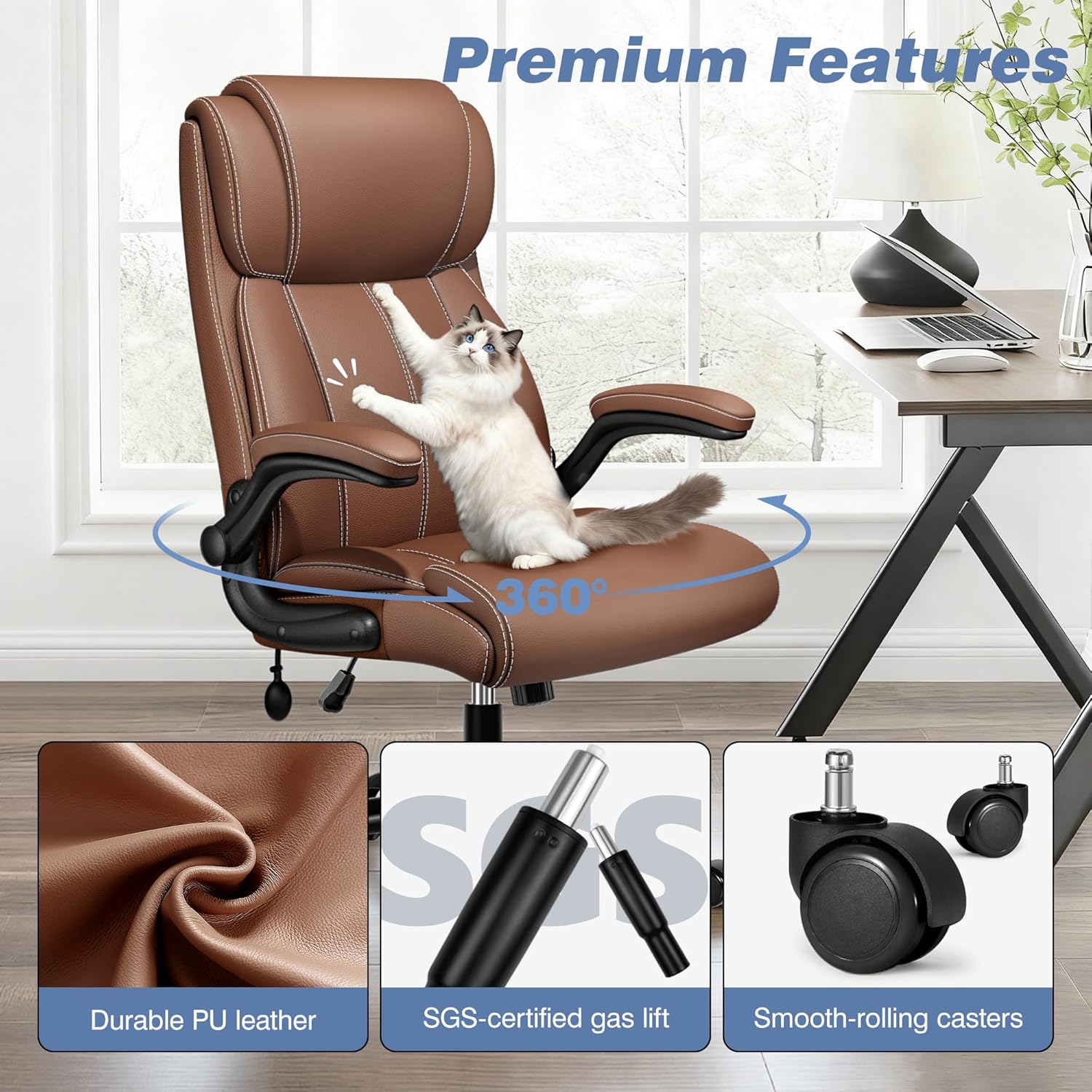 BESTFAIR Ergonomic Office Chair - Home Desk Computer Chair, Leather High Back Executive Chairs with Adjustable Lumbar Support & Flip-up Arms, Rocking Swivel Comfy, Brown
