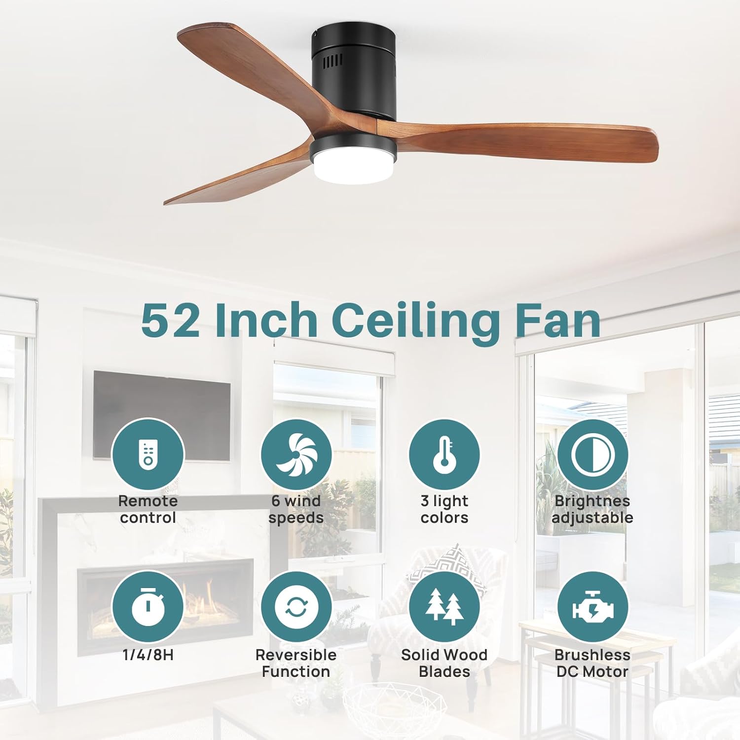 Sofucor 52 Inch Smart Ceiling Fans with Lights-Flush Mount Low Profile Modern Outdoor Solid Wood Ceiling Fans with Alexa/Google Assistant/APP/Remote Control for Bedroom/Farmhouse/Patio, Brown Black