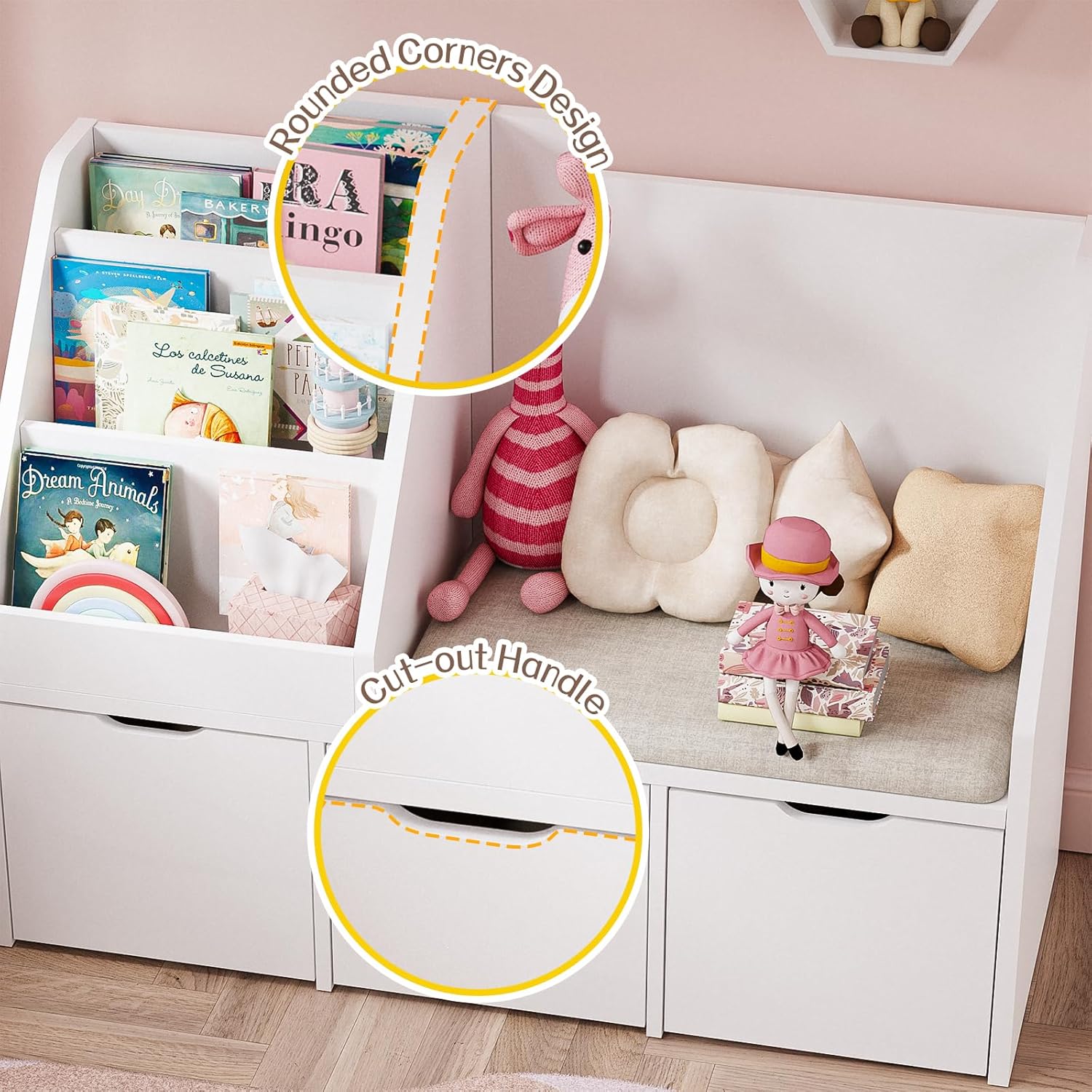 40" Kids Reading Nook with Bench, Toy Storage Organizer and Bookshelf with Seat Cushion, Kids Bookshelf with 3 Movable Drawers, Toy Storage Box on Wheels, Ideal for Nursery, Playroom, Bedroom, White