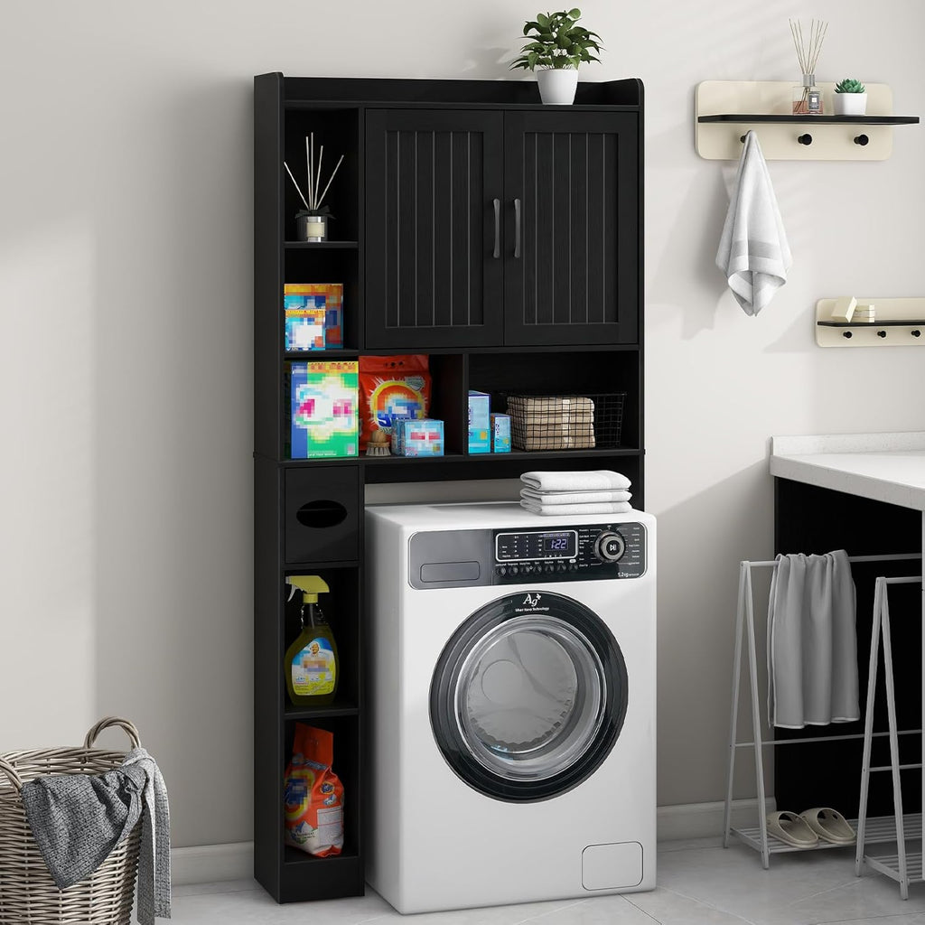 Vabches Over The Toilet Storage Cabinet, Farmhouse Storage Cabinet Over Toilet with Barn Door, Home Space-Saving Toilet Rack, for Bathroom, Restroom, LaundryBlack.