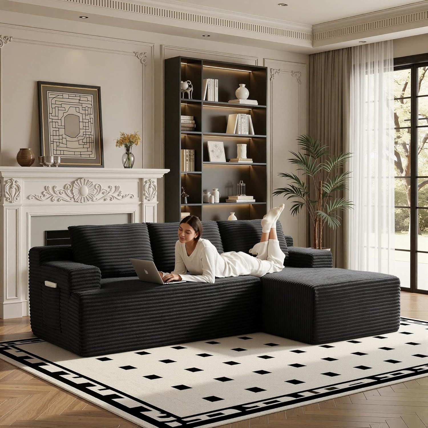 Sectional Couches for Living Room Cloud Couch Sofa with L-Shape Upholstered Boneless Couchs Modern Modular Sectional Couch with Chaise (Black, 96" W+Right Facing Chaise+2Seaters)