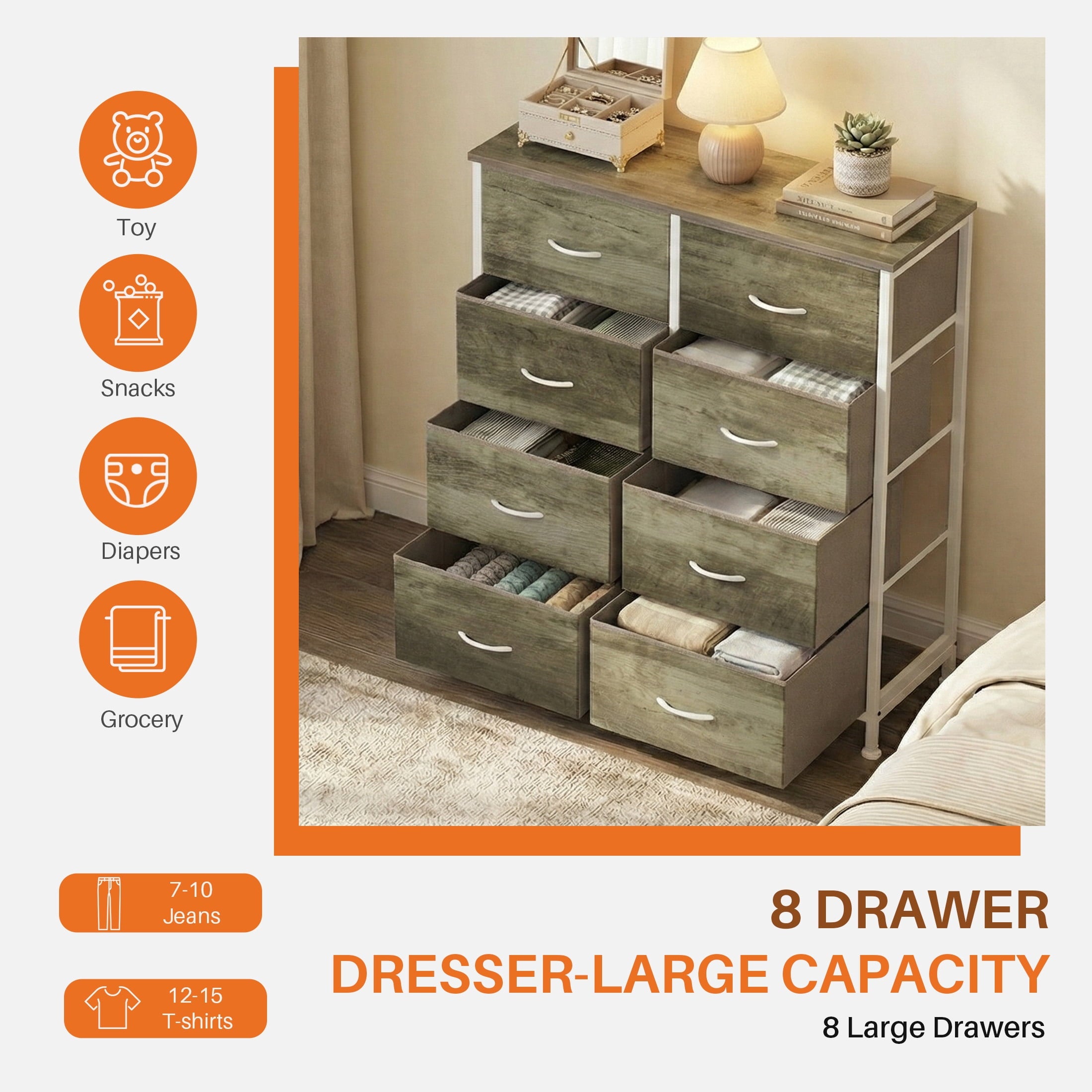 8-Drawer Fabric Dresser Storage Chest for Bedroom, Closet, Entryway, Storage Furniture for Adults, Black