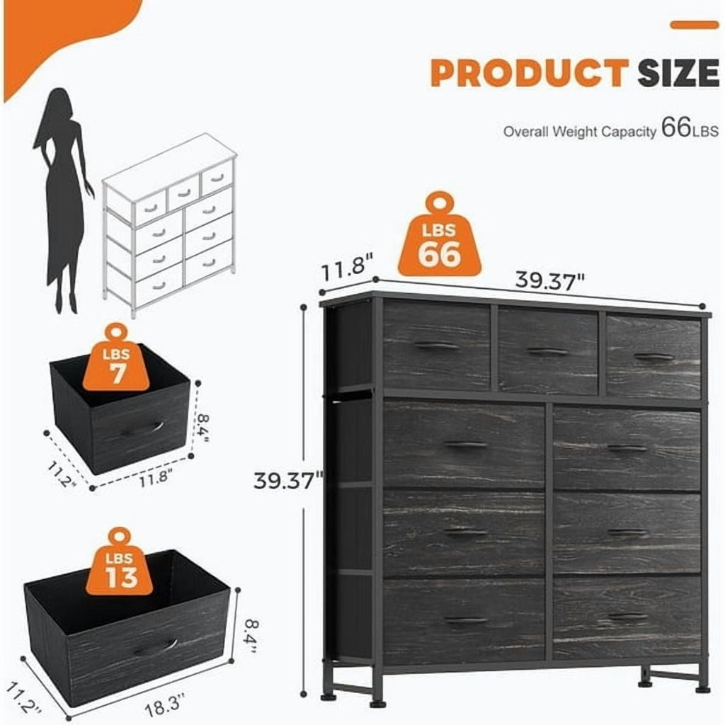 Dresser, Storage Organizer with 9 Drawers for Bedroom, Chest of Drawer with Fabric Bin, Sturdy Metal Frame, Wood Top for Closet, Nursery,Black