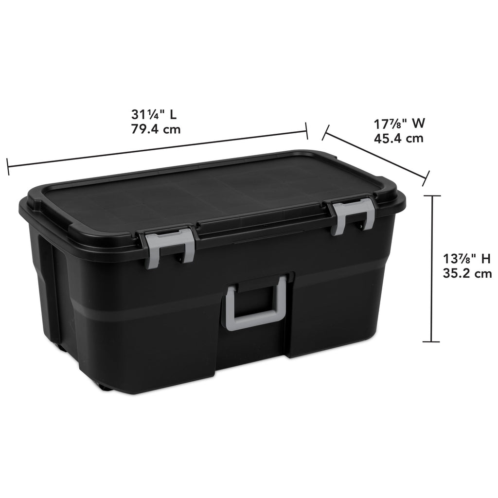 22 Gallon Large Wheeled Footlocker, Heavy Duty Plastic Storage Trunk Container, Lockable with Wheels and Handle, Black