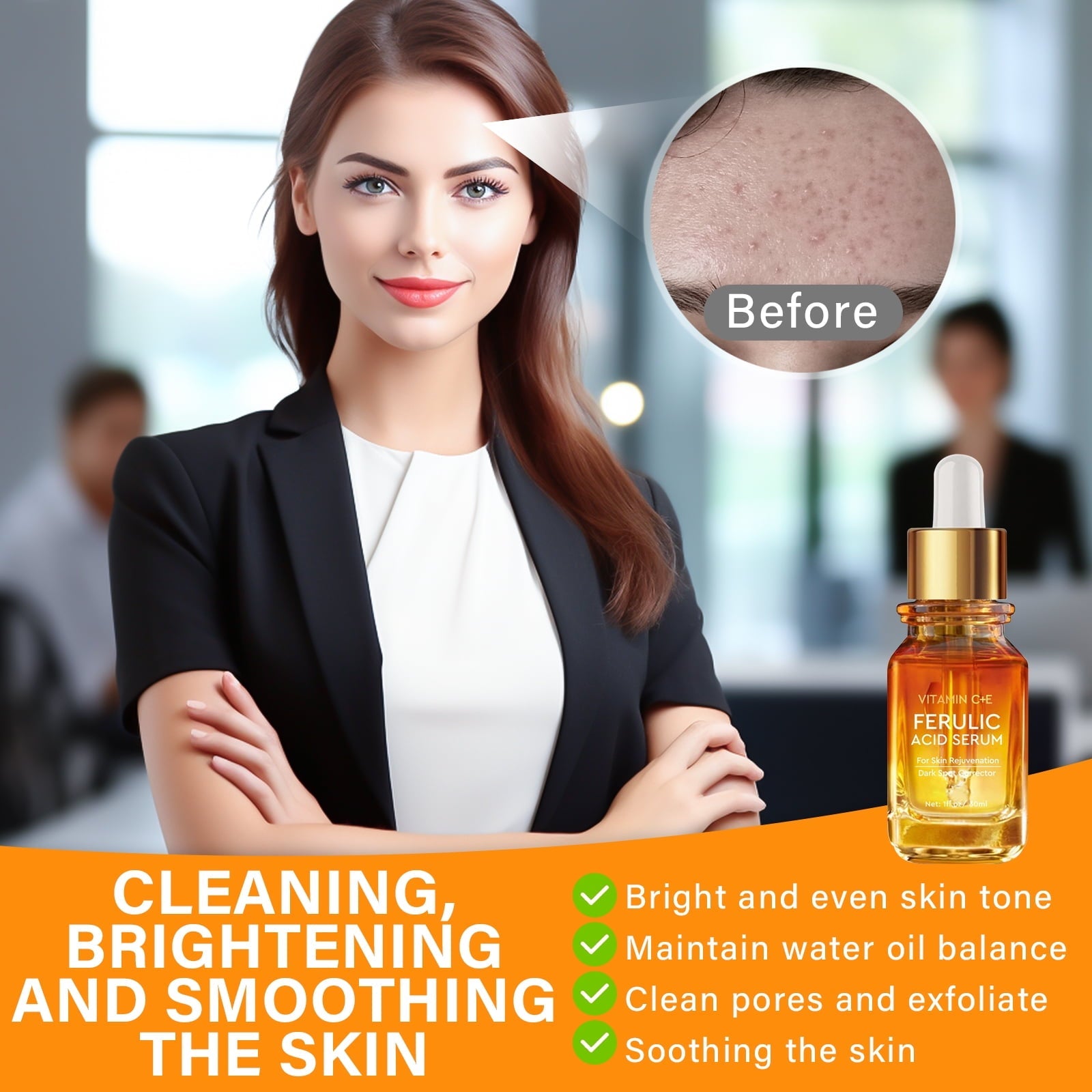 30ml essence of ferulic acid, rich in vitamins and hyaluronic acid. Help improve skin quality, moisturize and nourish.