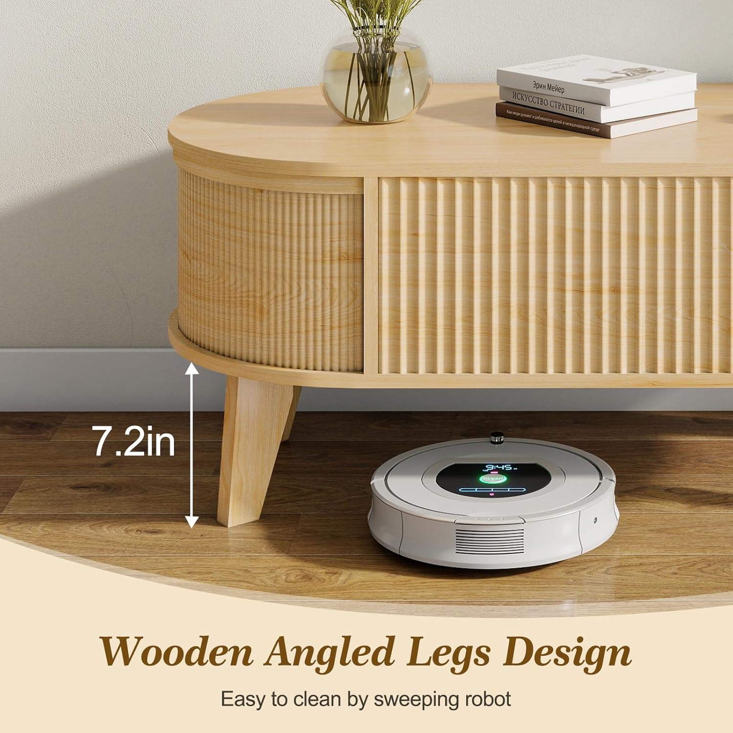 LYNCOHOME Fluted Lift Top Coffee Table with Storage,Modern Oval Coffee Table for Living Room Or Home OfficeNatural