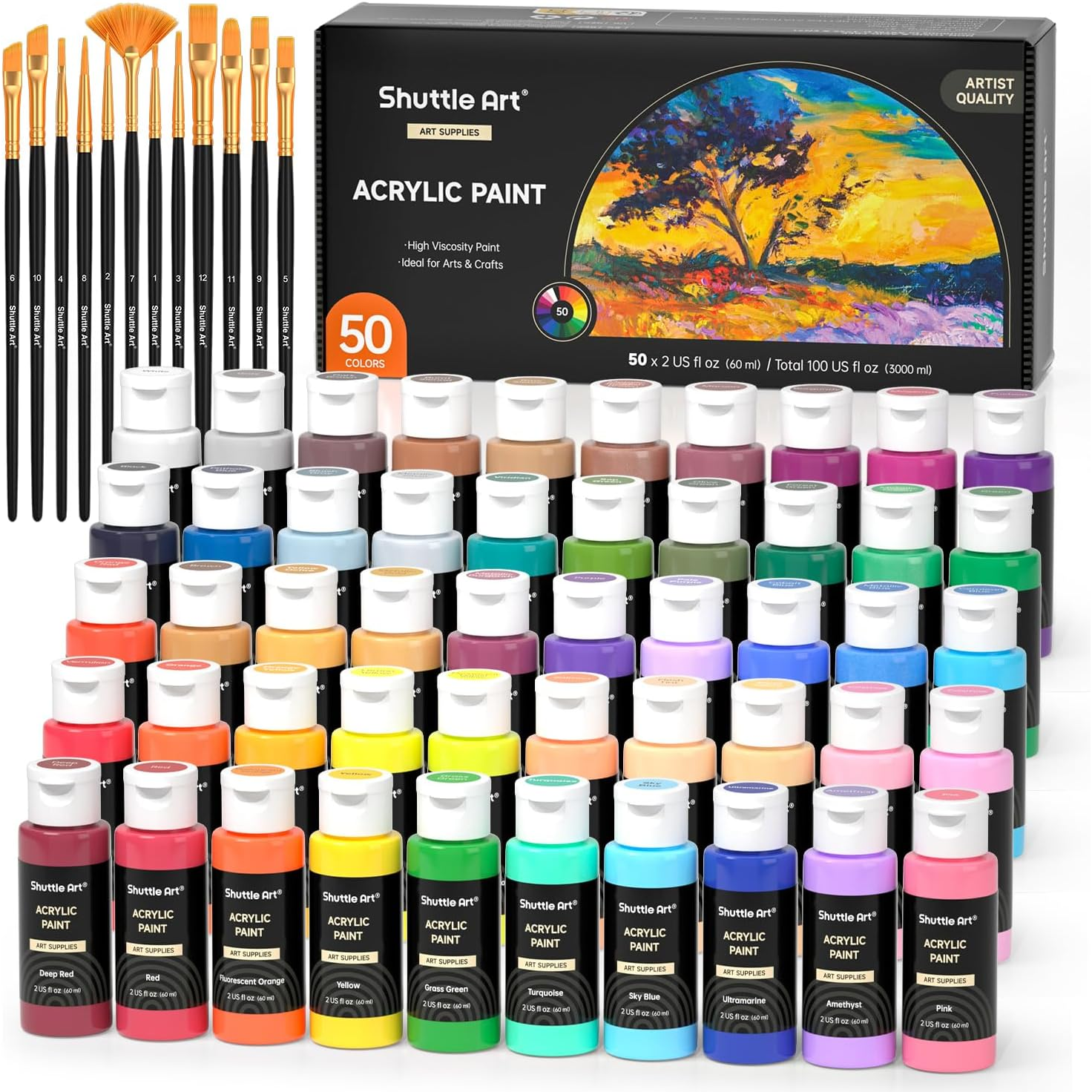 Acrylic Paint, 50 Colors Acrylic Paint Set, 2oz/60ml Bottles, Rich Pigments, Water Proof, Premium for Art...