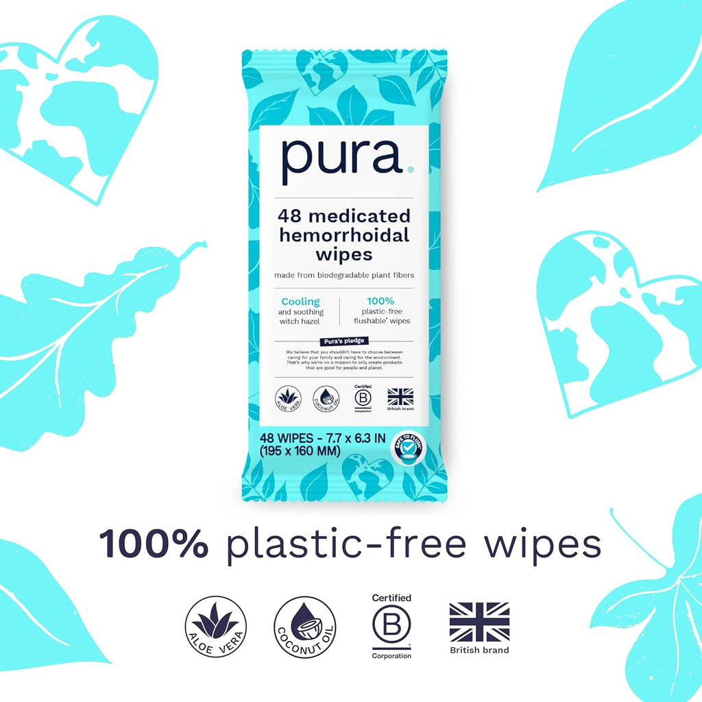 Pura XL Flushable Medicated Wipes for Hemorrhoid Relief, Extra-Large, Fragrance-Free Wet Wipes with Witch Hazel, Coconut Oil & Aloe, Skin Soothing, 96 Wipes (2 Packs)
