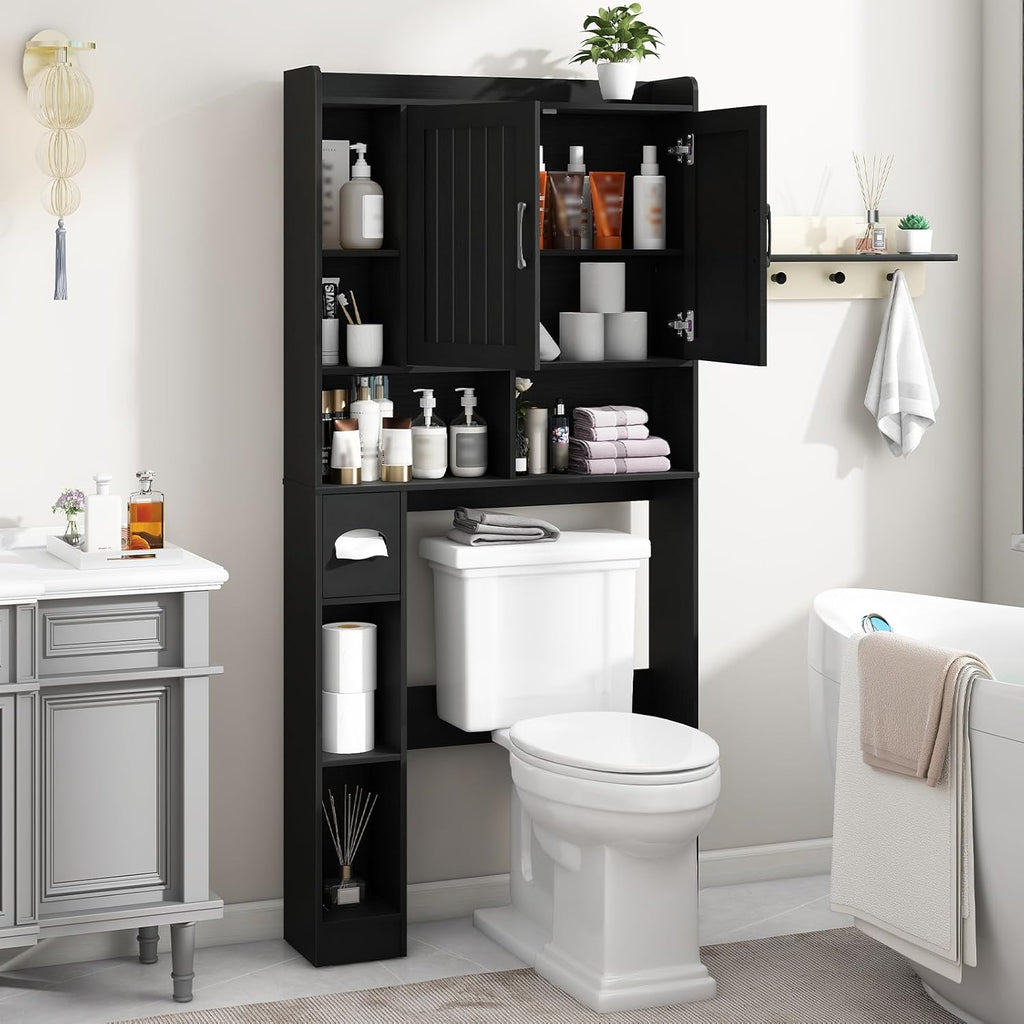 Vabches Over The Toilet Storage Cabinet, Farmhouse Storage Cabinet Over Toilet with Barn Door, Home Space-Saving Toilet Rack, for Bathroom, Restroom, LaundryBlack.