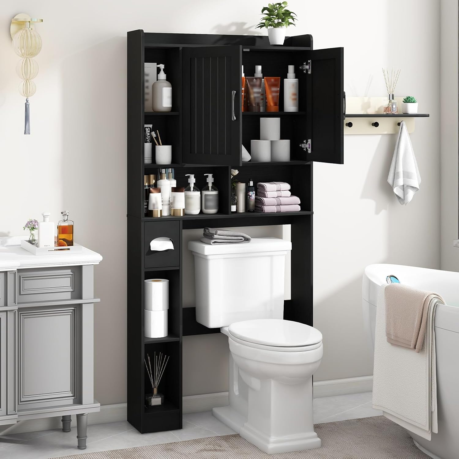 Vabches Over The Toilet Storage Cabinet, Farmhouse Storage Cabinet Over Toilet with Barn Door, Home Space-Saving Toilet Rack, for Bathroom, Restroom, LaundryBlack.