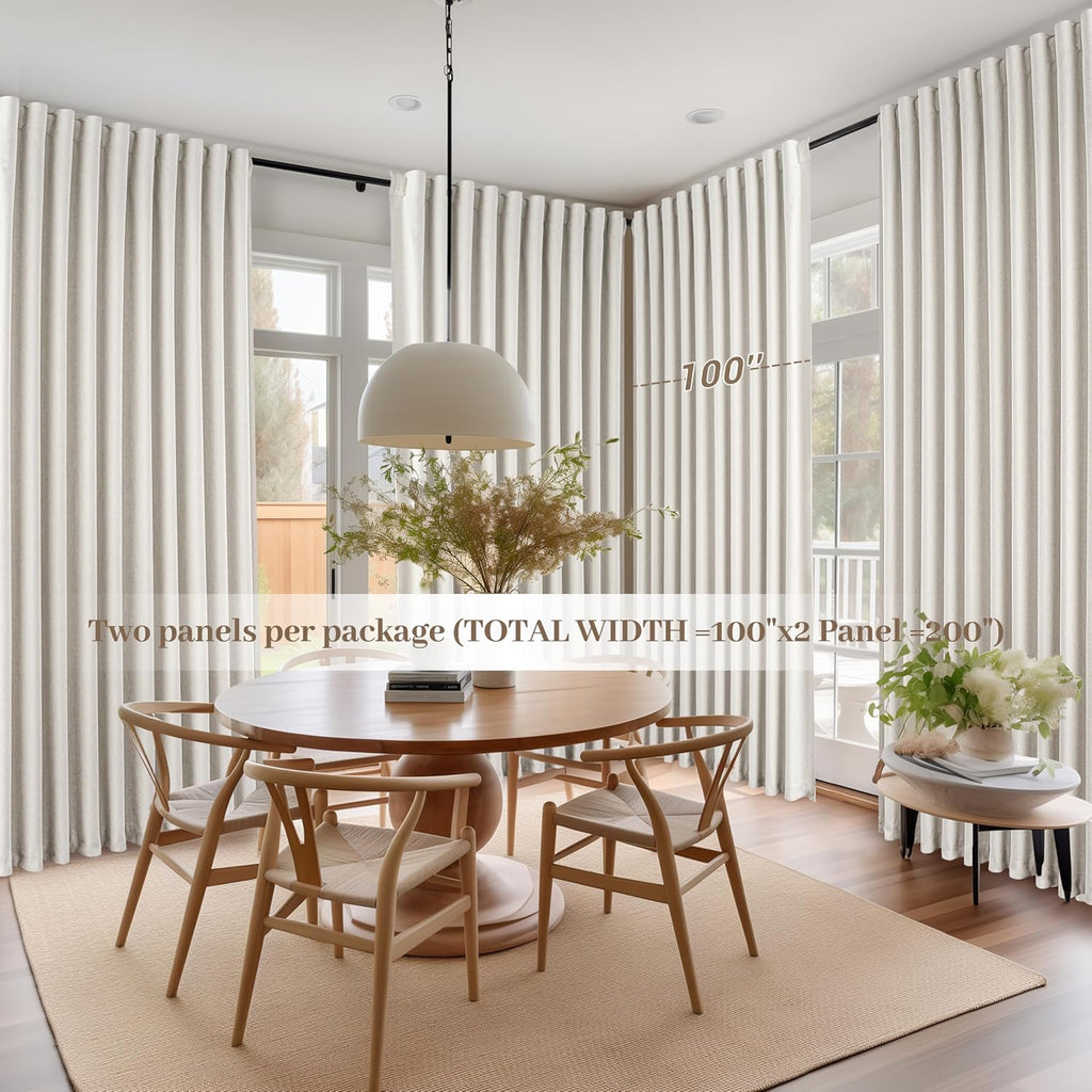 QJmydeco Curtains 100 Inch Length Wide Pleated Blackout Curtain for Sliding Glass Door/Living Room, Farmhouse Birch Linen Thick Boho Bedroom Heavy Insulated Large Window Drapes (100" Wx90 Lx2Panels)