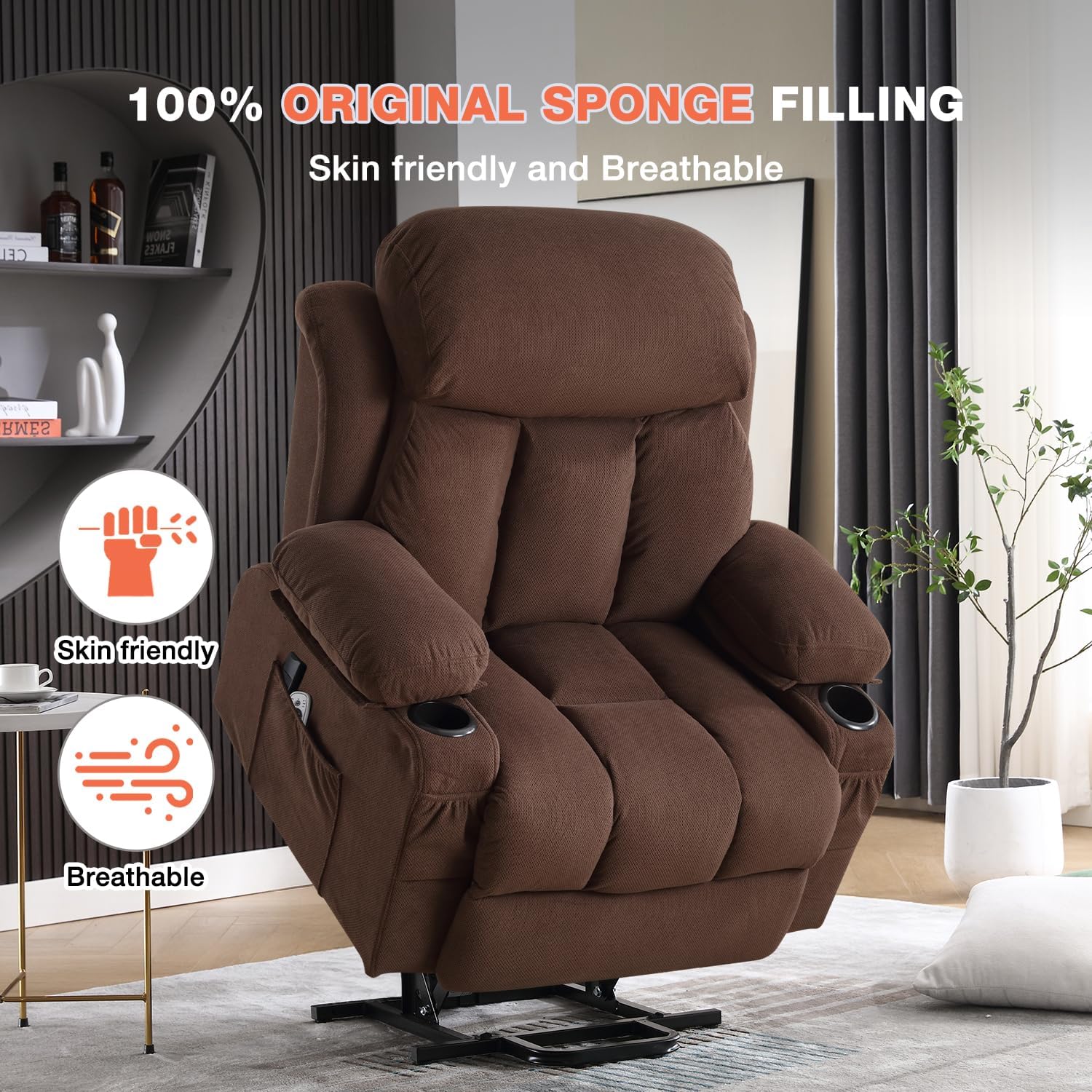 MAHOMICO Power Lift Recliner Chair for Elderly with Vibration Massage and Lumbar Heating, Electric Lift Recliner Single Sofa with Side Pocket, Two Cup Holders and USB Charge Port for Living Room