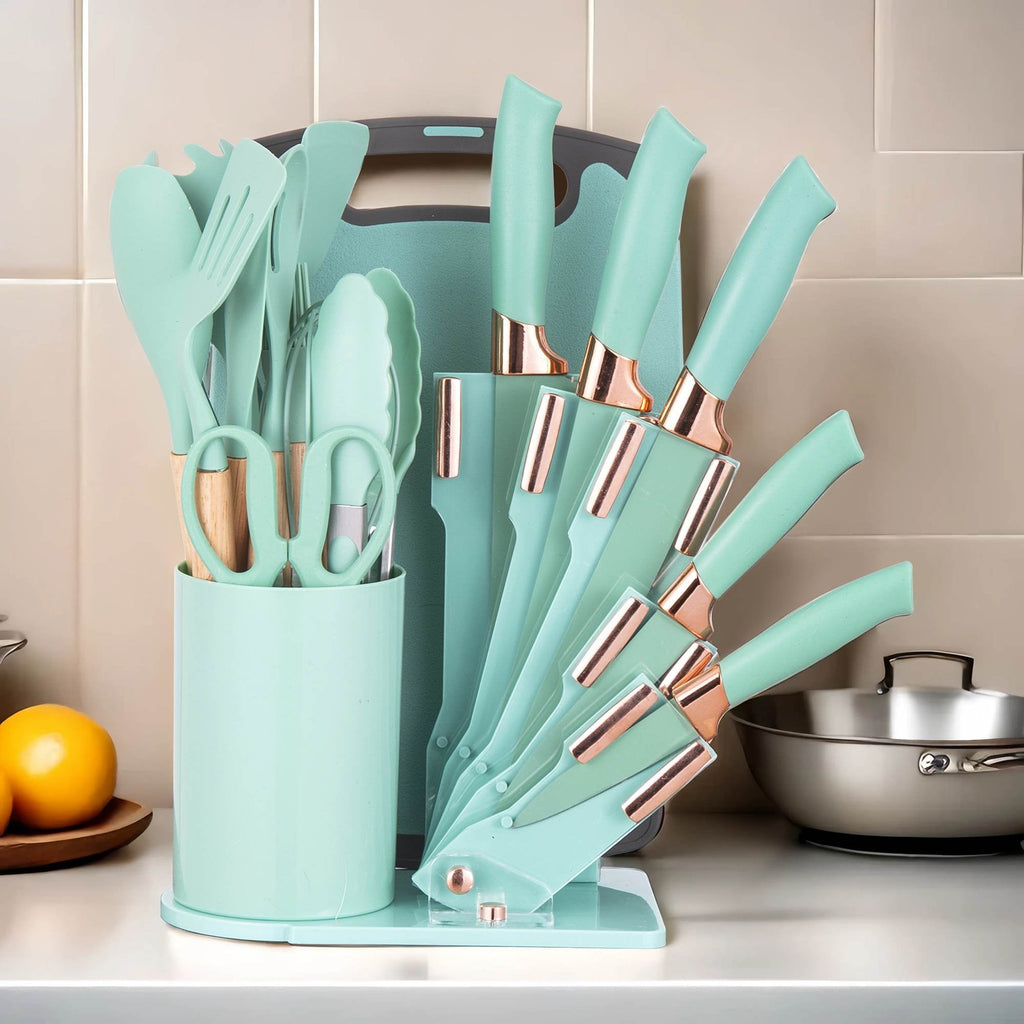 19-Piece Silicone Kitchen Utensil & Knife Set - Heat-Resistant Cooking Tools Non-Stick Safe Gift for Mom or Women Black