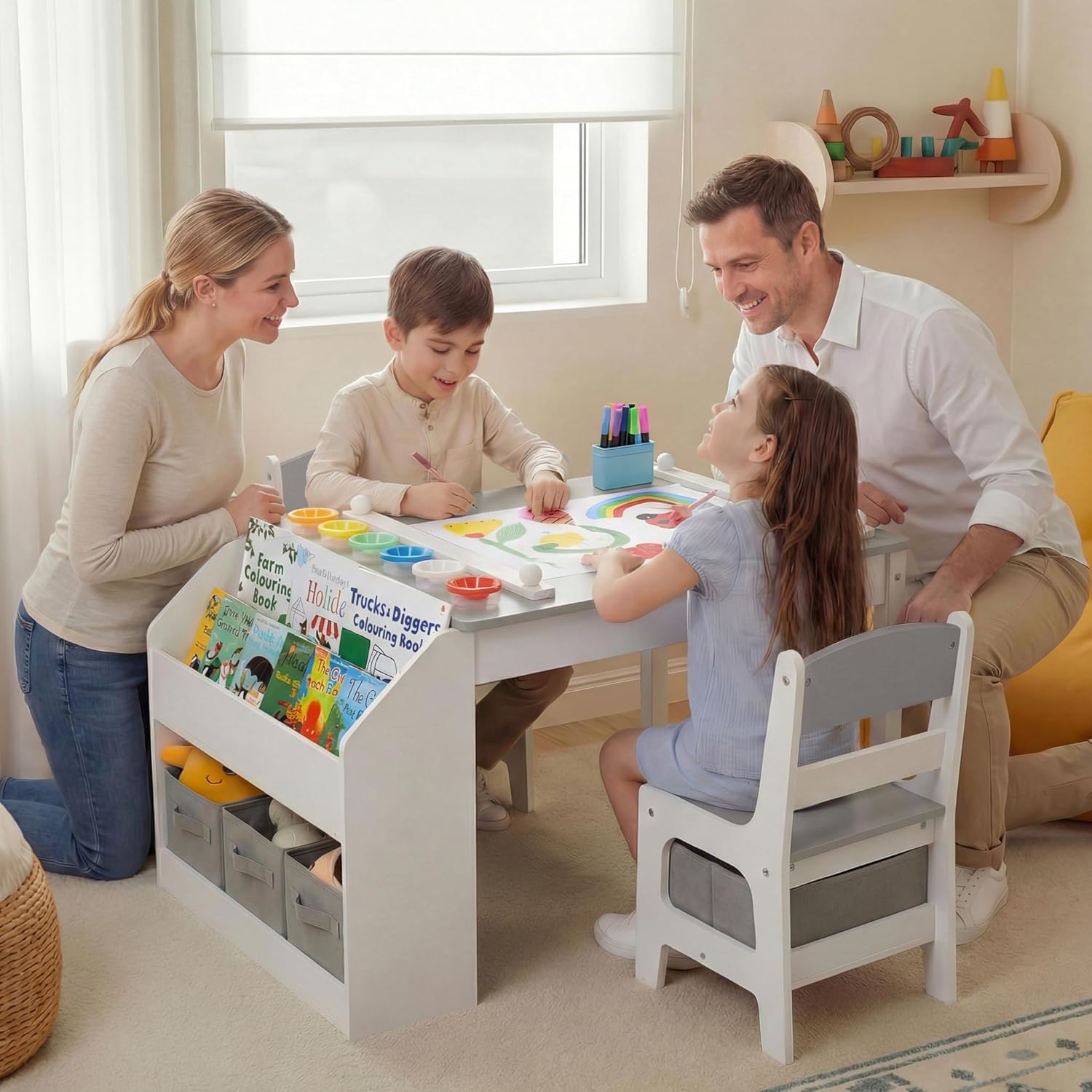 Kinder King Kids Art Table & 2 Chair Set, Wood Toddler Activity Table w/Paper Roll, Bookshelves & Storage Drawers for Kid Drawing, Studying, Playing, Kids Table and Chairs for Playroom, Nursery, Grey