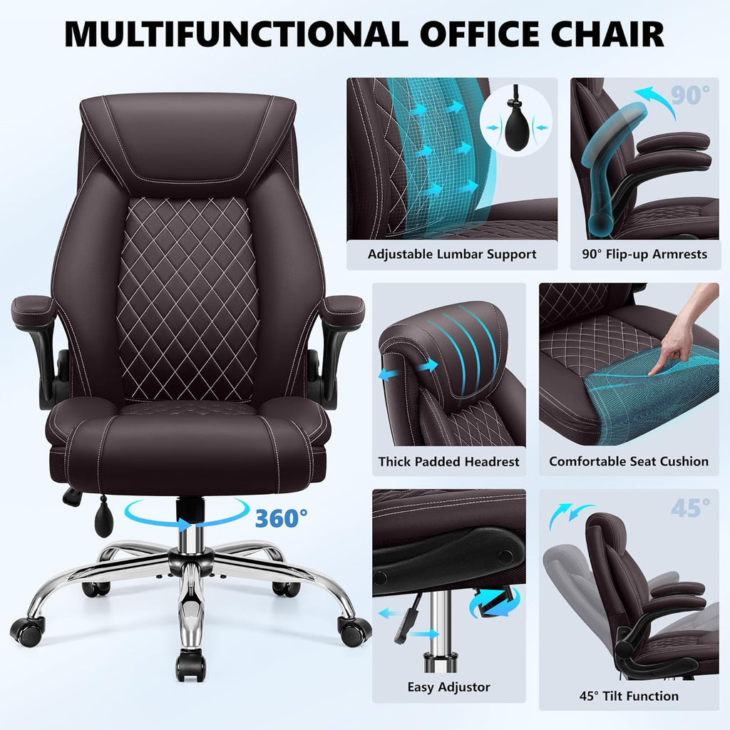Office Chair, Big and Tall Ergonomic Desk Chair, Executive Leather Computer Chair with Adjustable Lumbar Support, Comfy Gaming Chair with Flip Up Arms, Swivel PC Chair with Rocking Function, Coffee