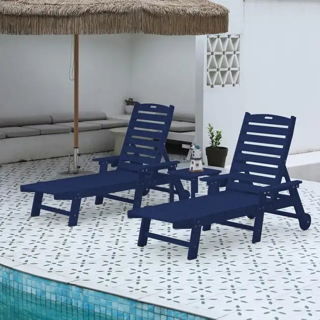 3-Piece Patio Set 2 Oversized Chaise Lounges (5-Position, Wheels, Cup Holder) + Side Table, All-Weather Wood Texture.