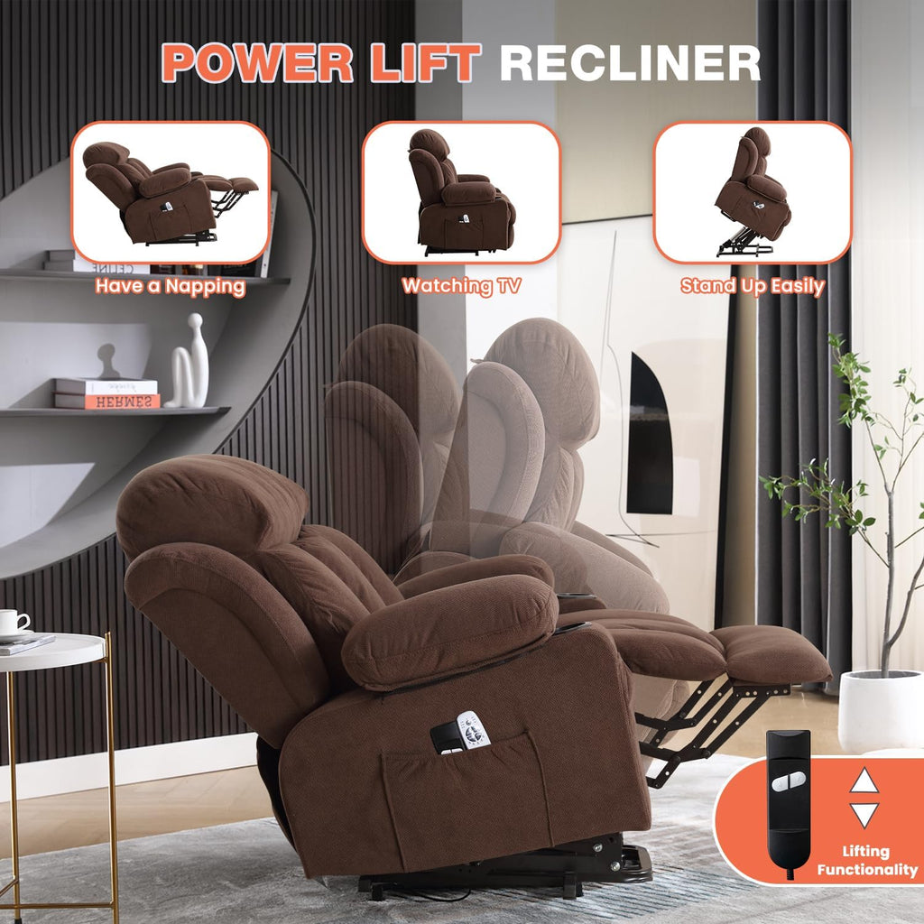 MAHOMICO Power Lift Recliner Chair for Elderly with Vibration Massage and Lumbar Heating, Electric Lift Recliner Single Sofa with Side Pocket, Two Cup Holders and USB Charge Port for Living Room