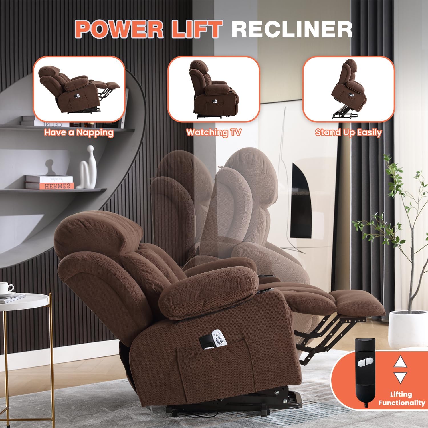 MAHOMICO Power Lift Recliner Chair for Elderly with Vibration Massage and Lumbar Heating, Electric Lift Recliner Single Sofa with Side Pocket, Two Cup Holders and USB Charge Port for Living Room