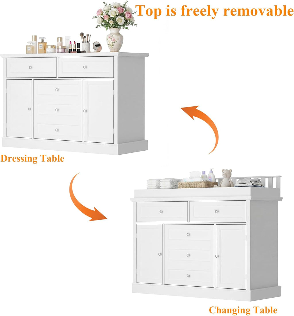Timechee 46“ Baby Dresser with Changing Table Top, White Dresser with Storage Drawers and Doors for Nursery, Multifunctional Nursery Baby Changing Table Dressers, Diaper Station Cabinet for Kids Room