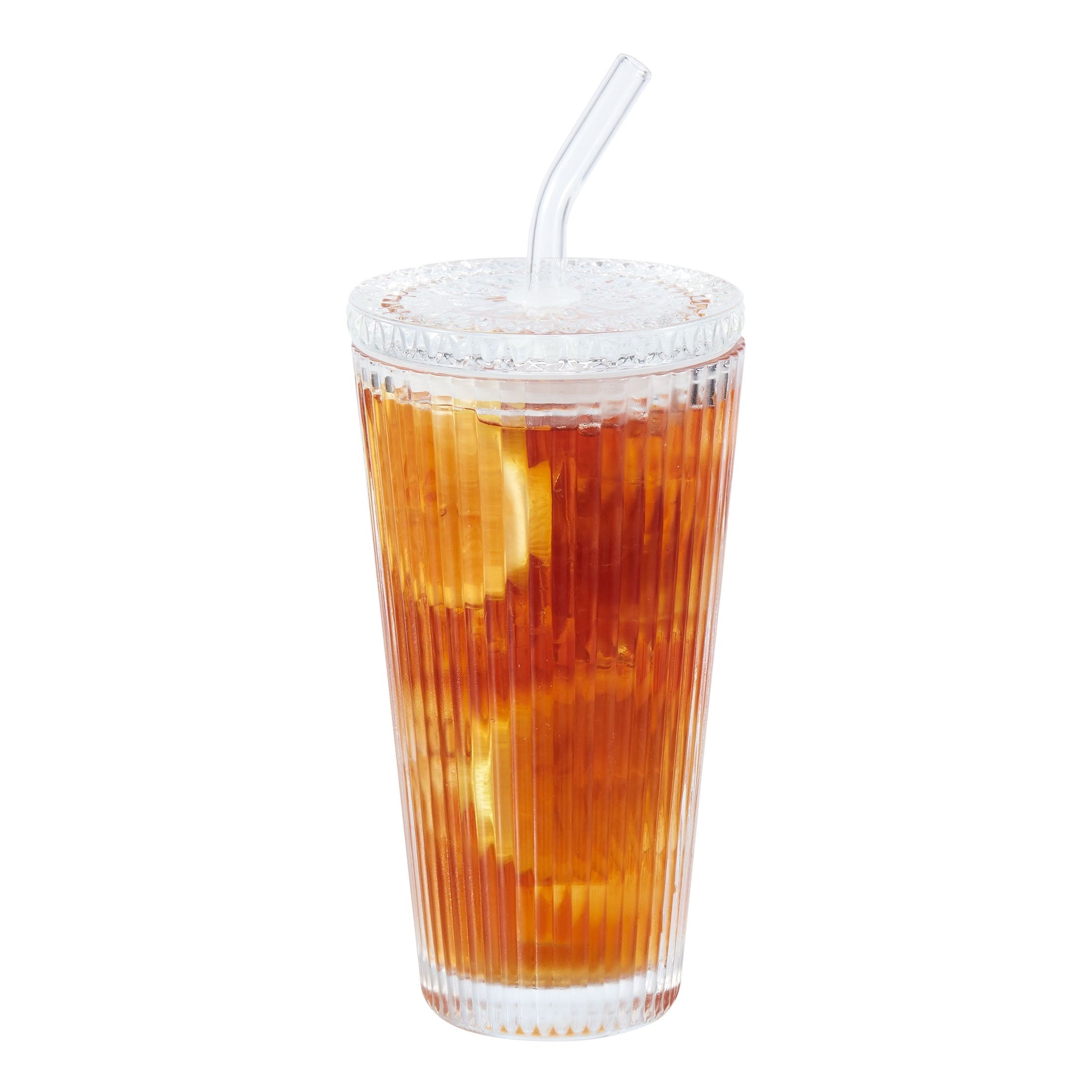 Better Homes & Gardens Glass 21oz Tumbler Ribbed with Glass Lid and Straw