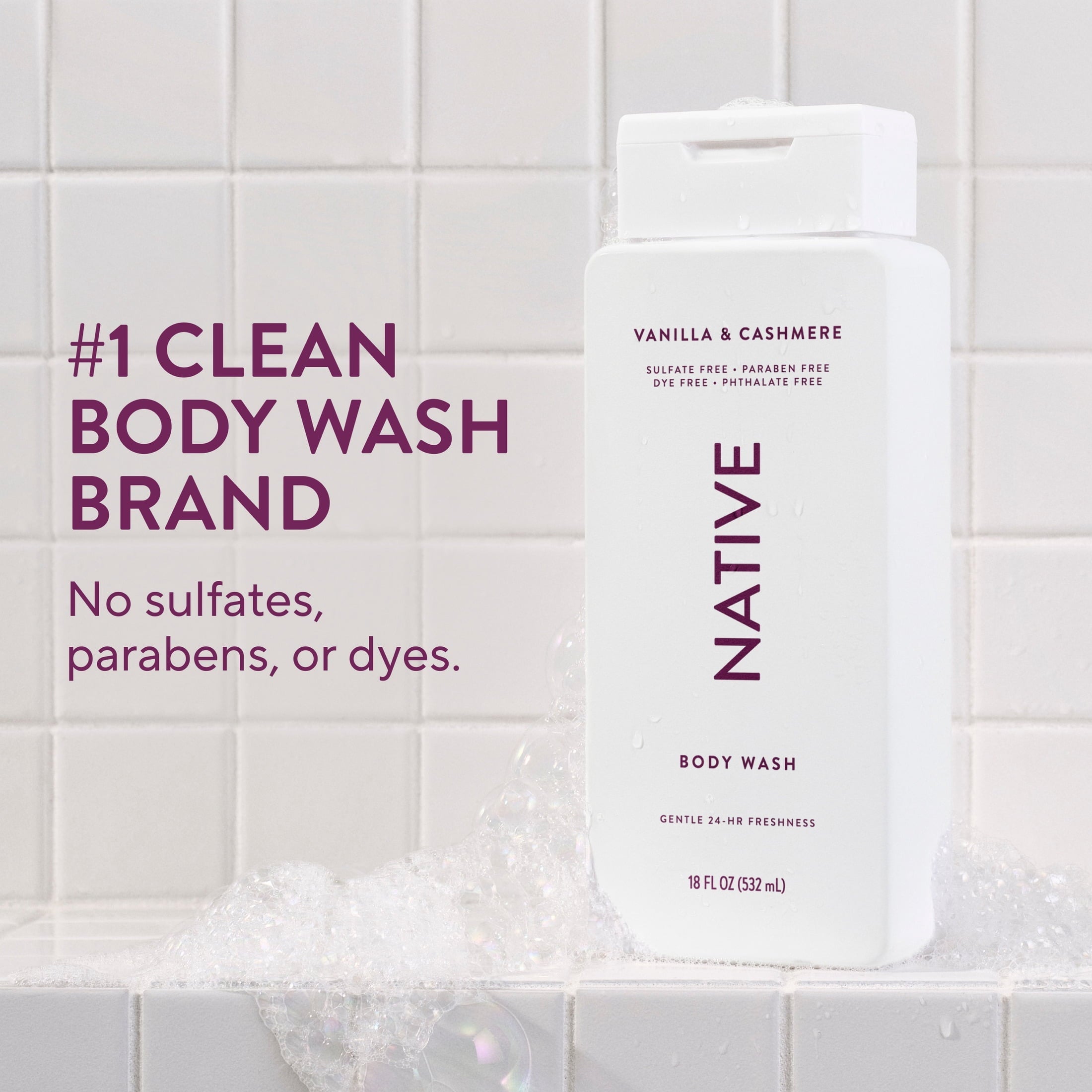 Body Wash, Vanilla & Cashmere, Sulfate Free, Naturally Derived Ingredients, 24hr Freshness, for Women & Men, 18 fl oz