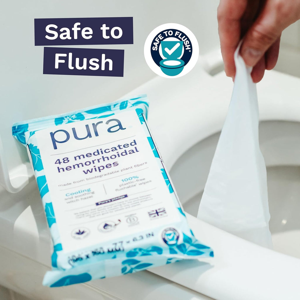 Pura XL Flushable Medicated Wipes for Hemorrhoid Relief, Extra-Large, Fragrance-Free Wet Wipes with Witch Hazel, Coconut Oil & Aloe, Skin Soothing, 96 Wipes (2 Packs)