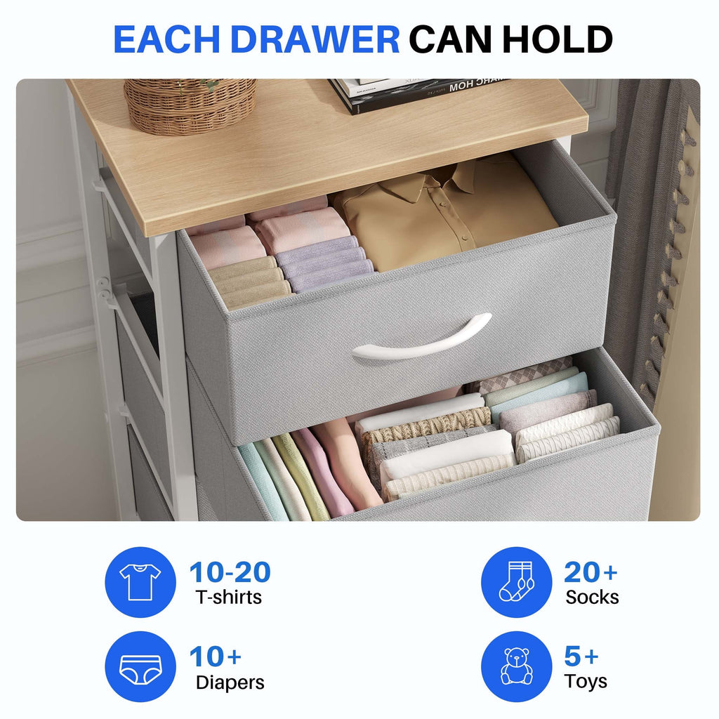 5 Fabric Dresser with 5 Storage Drawers, TV Stand with Wooden Top Metal Frame for Clothes, Living Room, Hallway, Entryway, Rust