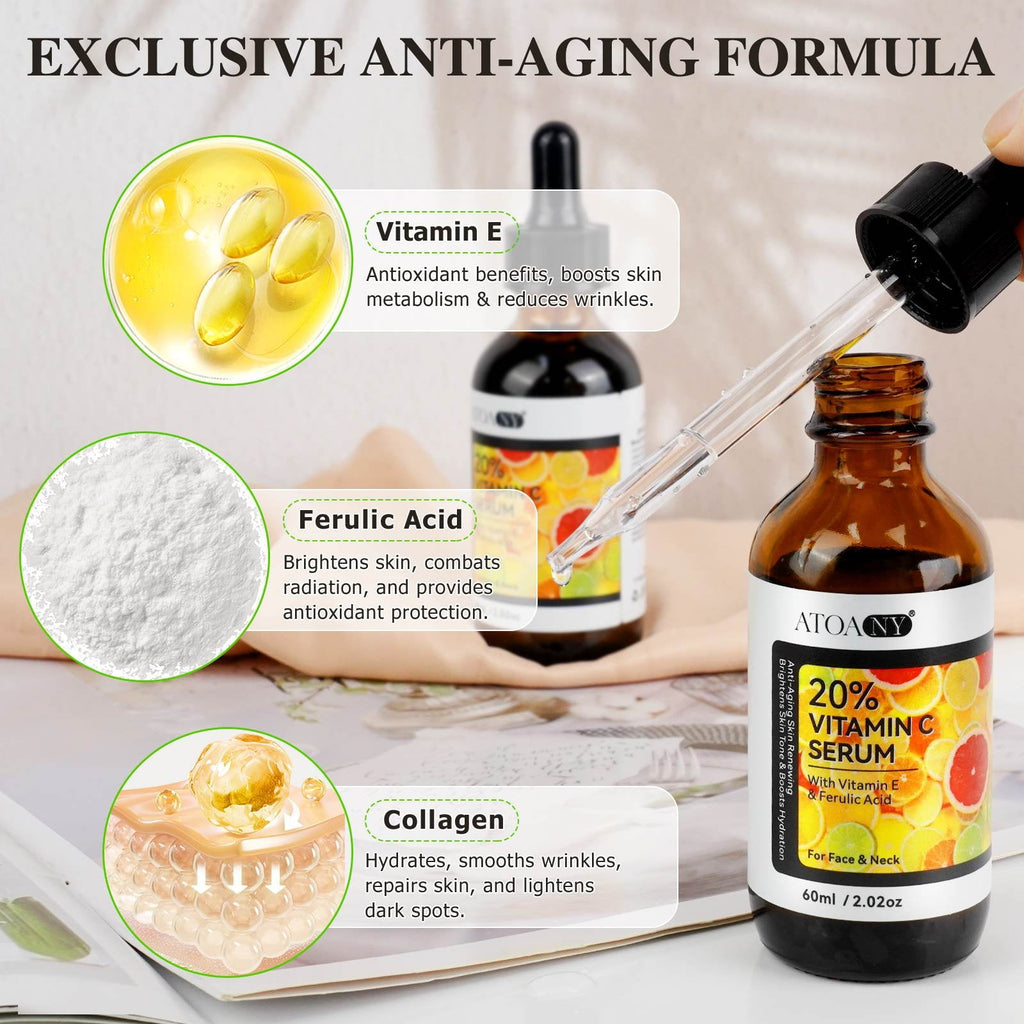 2Pack 20% Vitamin C Serum, Anti Aging Face Essence with Vitamin E, Ferulic Acid, Collagen, Firm Skin - Hydration - Antioxidant - Even Tone