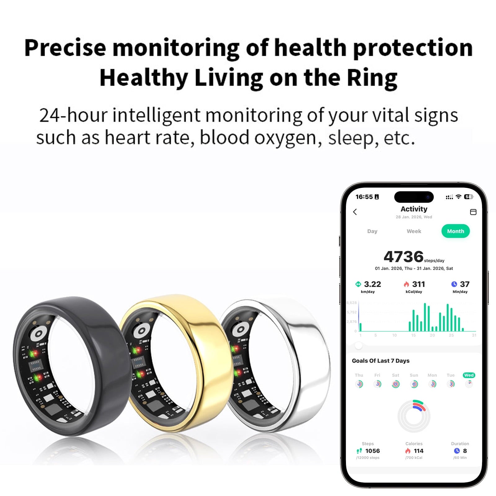 Fitness Tracking Ring, 7-Day Battery, Heart Rate Sleep Monitor, No Subscription, IP68 Waterproof, Stainless Steel - Size 7, Black