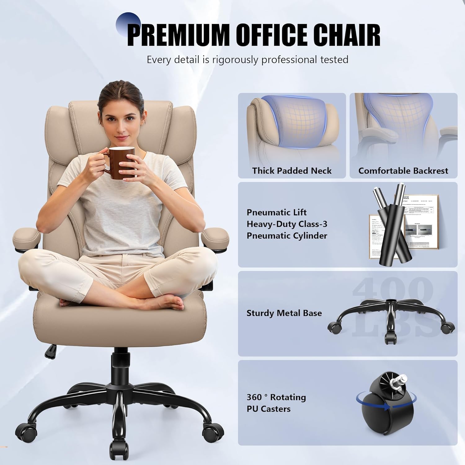Primy Office Chair, Ergonomic Leather Desk Chair with Flip-up Armrests, Big and Tall High Back Executive Computer & Gaming Chair with Footrest, Comfy Padded, Rocking Function and Lumbar Support(Khaki)