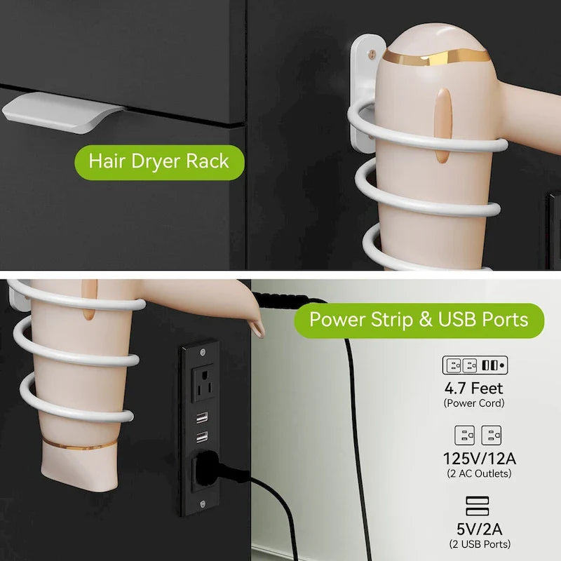 Moasis 46 Vanity With Built-in Socket With Illuminated Mirror and Hair Dryer Rack - 55.8 H X 46 W X 11.7 D