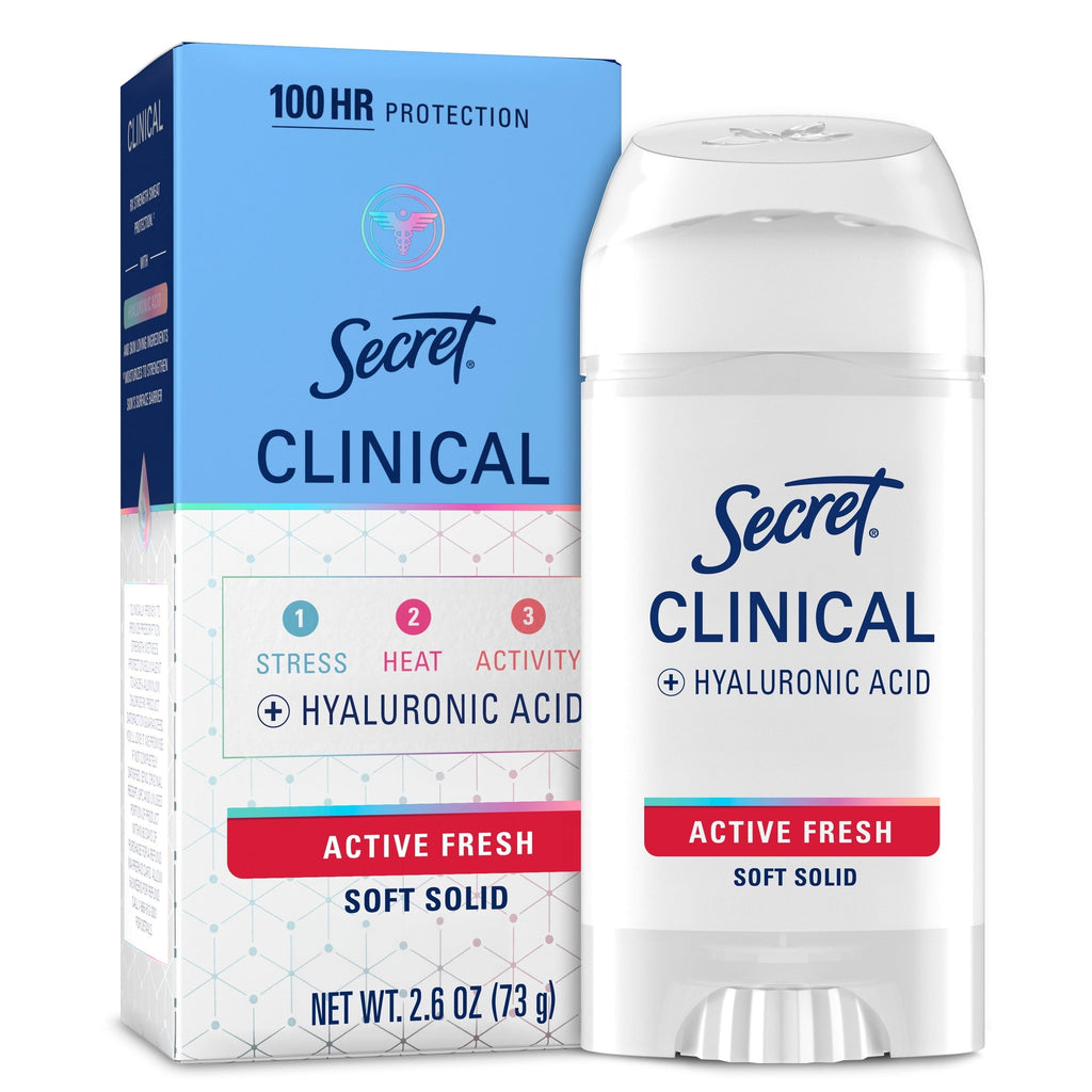 Clinical Antiperspirant Deodorant for Women, 100HR Sweat & Odor Protection, Hyaluronic Acid, Soft Solid, Active Fresh, 2.6 oz