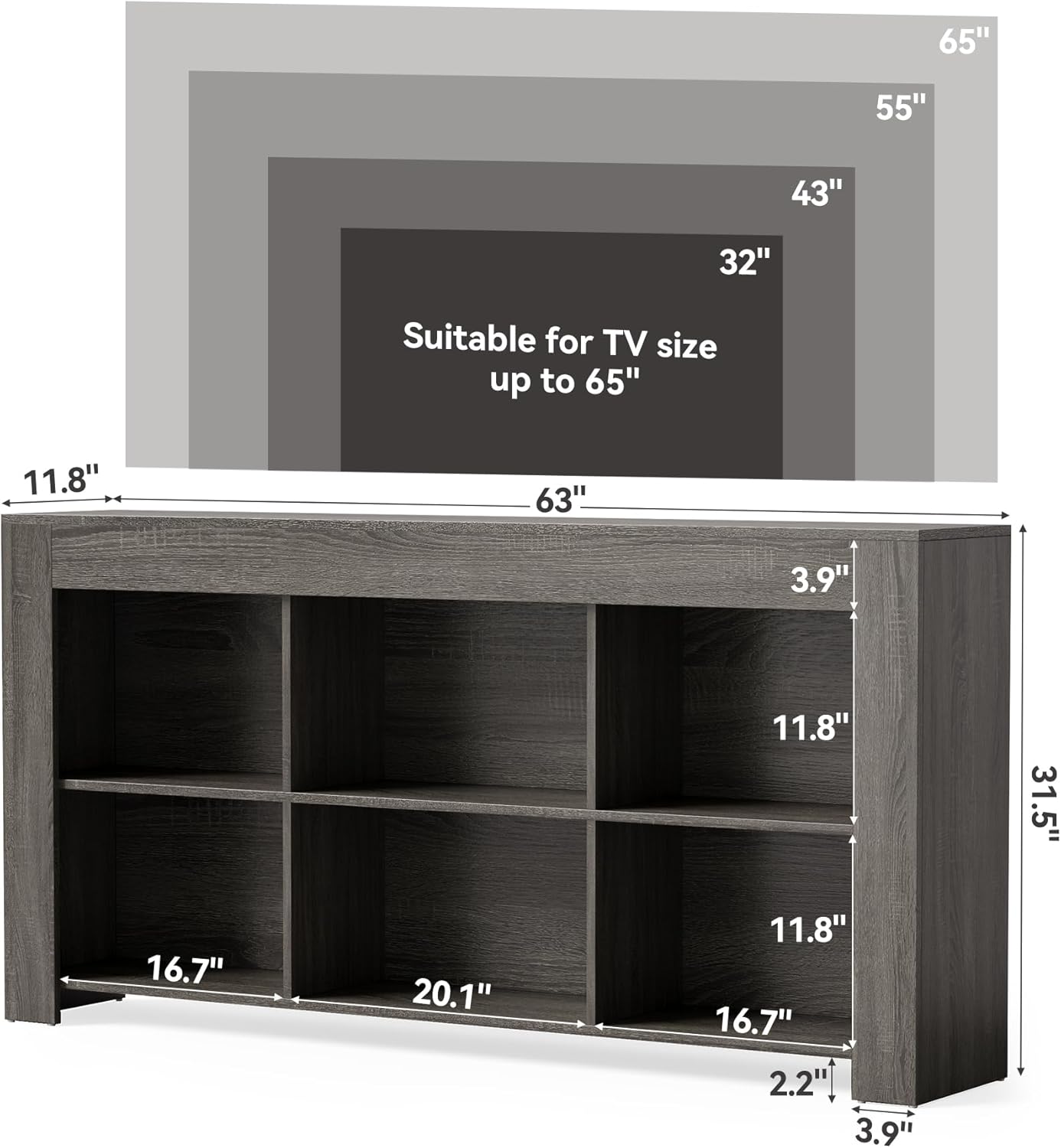 LITTLE TREE TV Stand with Storage, 63-Inch Entertainment Center with Shelves, Modern Media Console for Television up to 65" for Living Room, Bedroom, Grey + Black