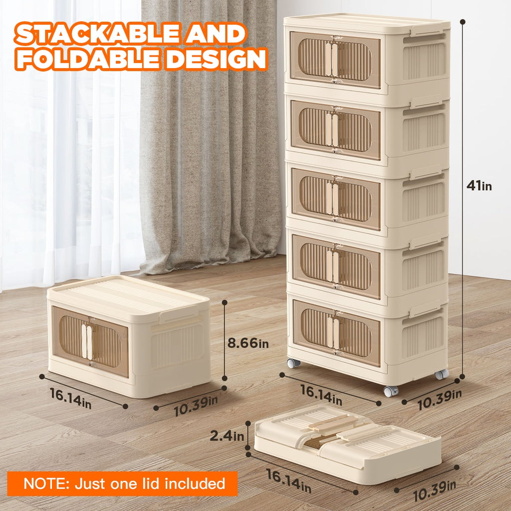 5 Tiers Storage Bins with Wheels, Magnetic Dual Open Collapsible Storage Container with Lids, 125QT Folding Storage Box Bins for Closet Organizers, Home and Office, Beige