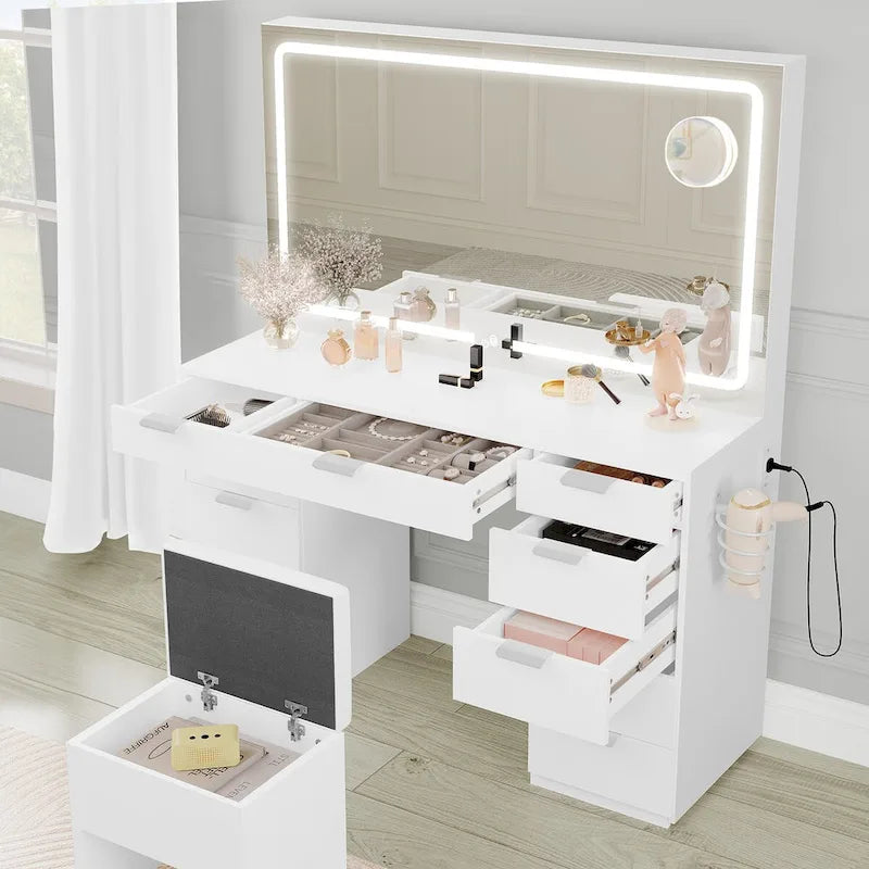 Moasis 46 Vanity With Built-in Socket With Illuminated Mirror and Hair Dryer Rack - 55.8 H X 46 W X 11.7 D