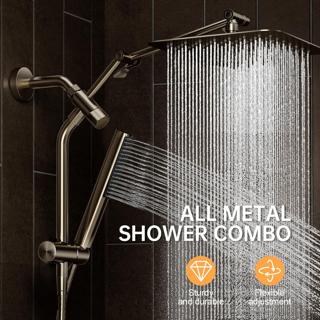 Veken All Metal 10" Brushed Nickel Shower Head with Handheld, Luxurious Square High Pressure Double Rain Shower Heads with Power-wash Hand Held, Dual Detachable Rainfall Showerhead,Bathroom Upgrade