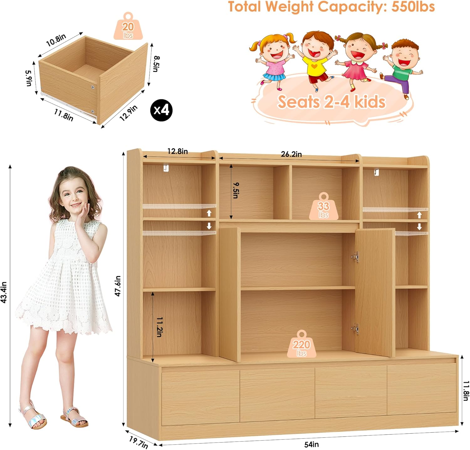 HIFIT 4-In-1 Kids Bookshelf and Toy Storage Organizer with Bench, 10-Cubes Kids Bookcase w/Reading Nook & 4 Sliding-Drawers & 2 Doors, Toy Chest Storage Cabinet for Playroom, Nursery,Classroom,Natural
